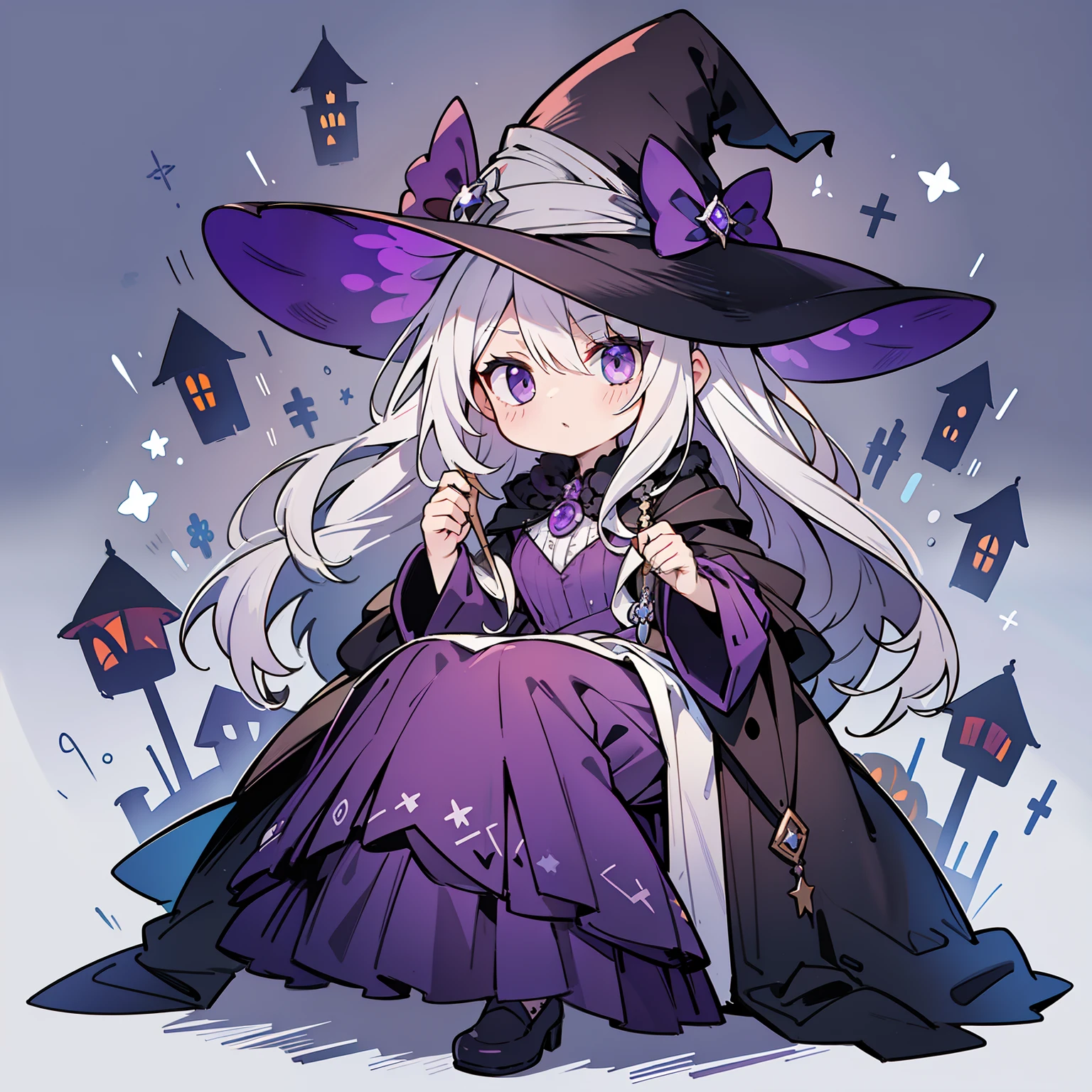 Highest quality、Gray Hair、Twin tails、Red Eye、Halloween、Witch Hat、Panty shot、Grinning、、low length、Castle