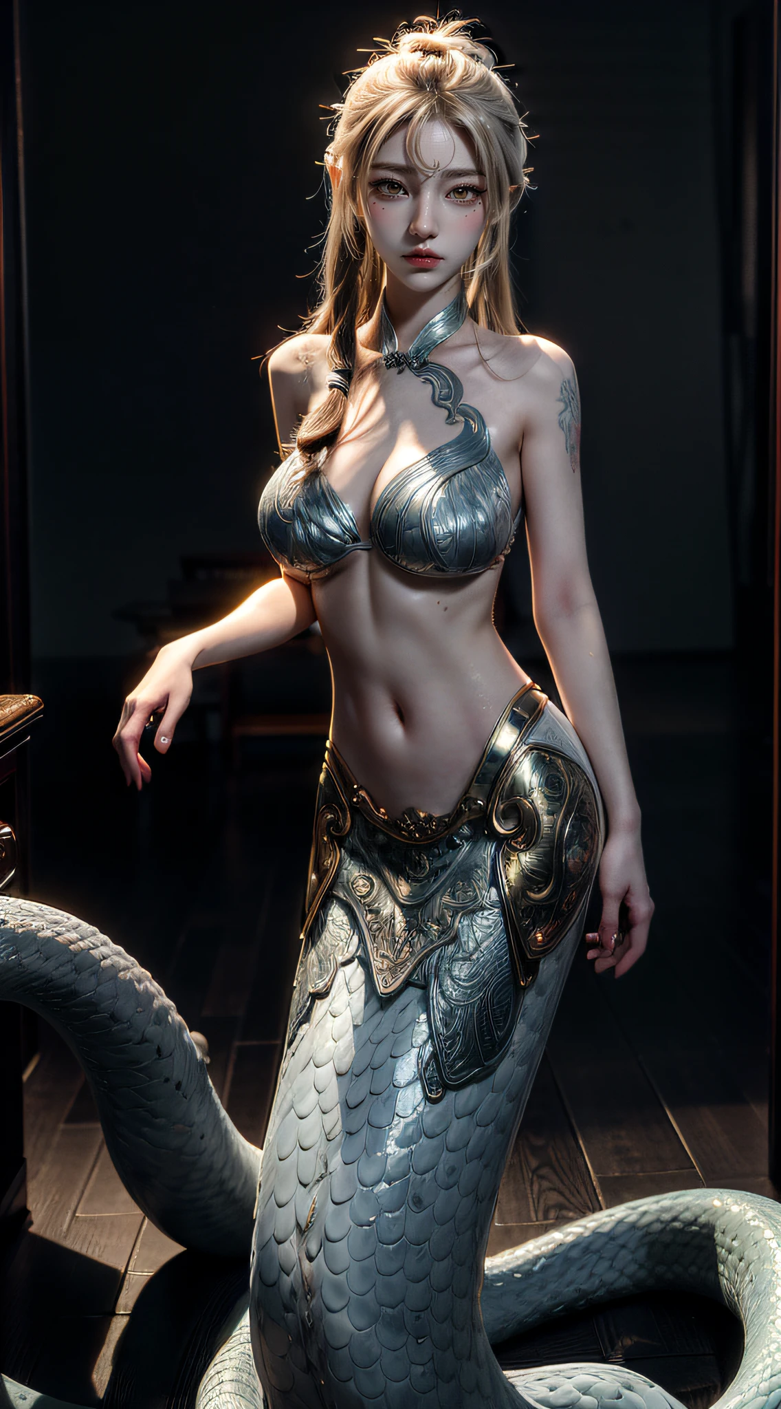 White Snake Ji，((Best picture quality, 8K, tmasterpiece:1.3)), Lady, Slender abs:1.3, (Casual hairstyle, No leakage of big breasts:1.2), Delicate golden scales:1.3, （mermaids：1.2），（Elongated S-shaped snake tail：1.3），Ultra-fine face, A detailed eye, 二重まぶた，Meticulous hands，Cold，graceful and dignified，（A look of desire and dissatisfaction），（nakeness:1.2），Raised sexy，Duan，Letter tattoos，8K