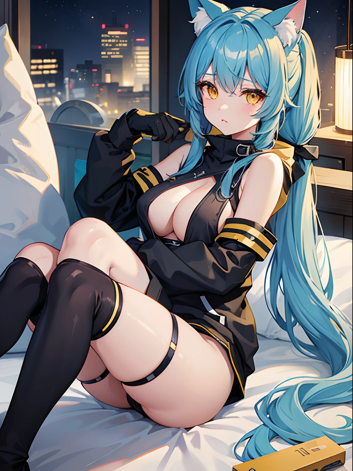 Long Hair, Twintail, Light Blue Hair, Yellow Eyes, Cat Ears, Cat Tail, Big Boobs, Wearing Hoodie, Long Stocking, Nighttime, Wearing Black Gloves, Inside a house