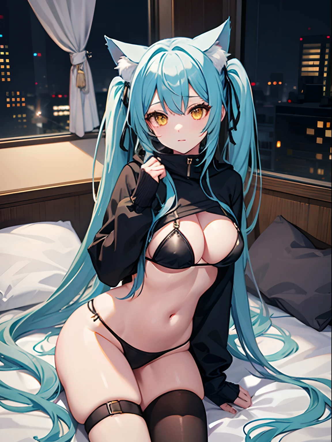 Long Hair, Twintail, Light Blue Hair, Yellow Eyes, Cat Ears, Cat Tail, Big Boobs, Wearing Hoodie, Long Stocking, Nighttime, Wearing Black Gloves, Inside a house