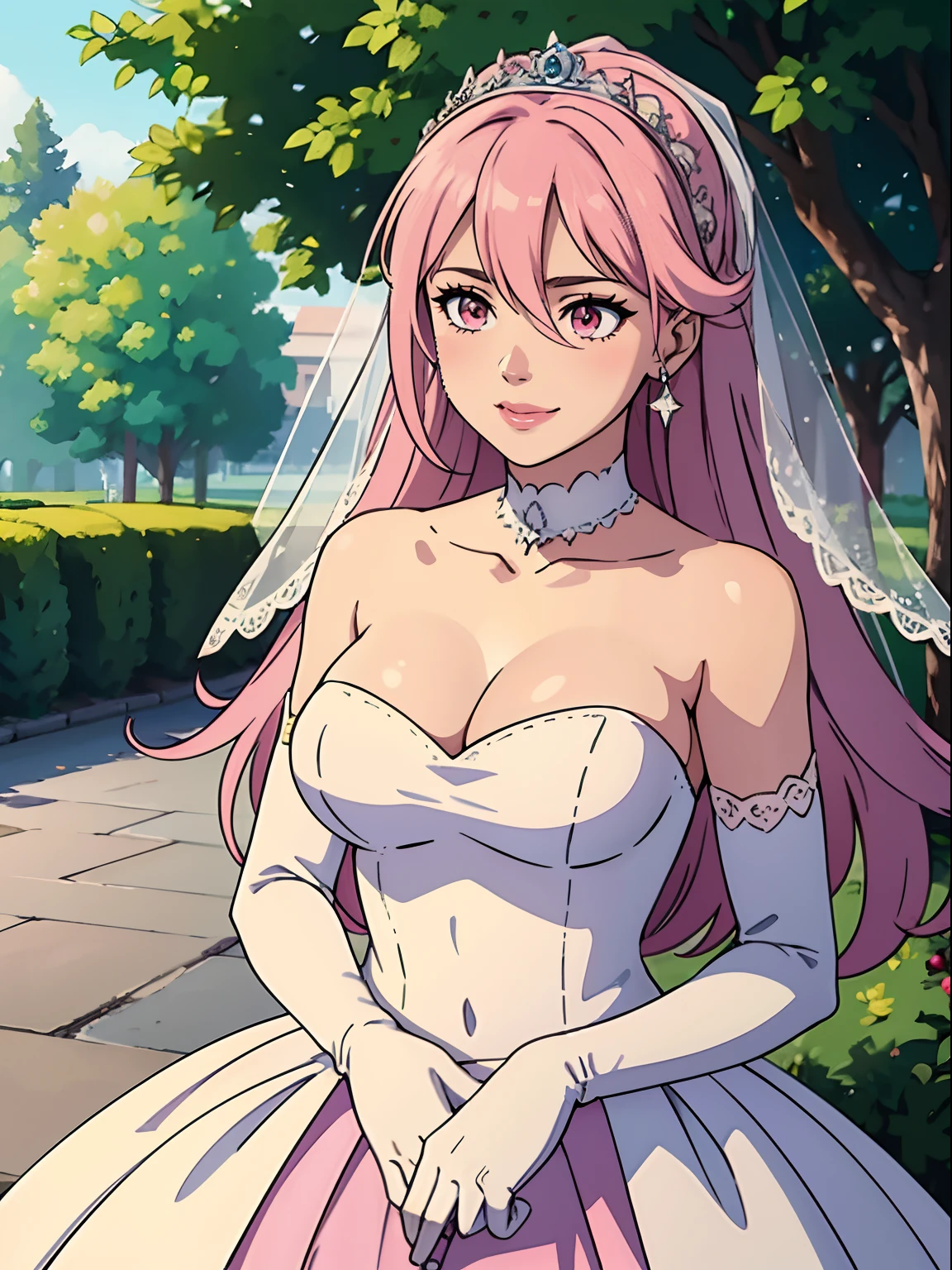 1girl hair between eyes, ahoge, pink eyes, pink hair, star \(symbol\), hair ornament, dress, cleavage, bare shoulders, collarbone, long white elbow gloves, white gloves, white dress, white choker, strapless, tiara, veil, strapless dress, wedding dress, bridal veil, beautiful woman, perfect body, perfect breasts, wearing a wedding dress, ball gown, in the park trees, wedding decorations, a in love smile, realism, masterpiece, textured skin, super detail, high detail, high quality, best quality, 1080p, 16k