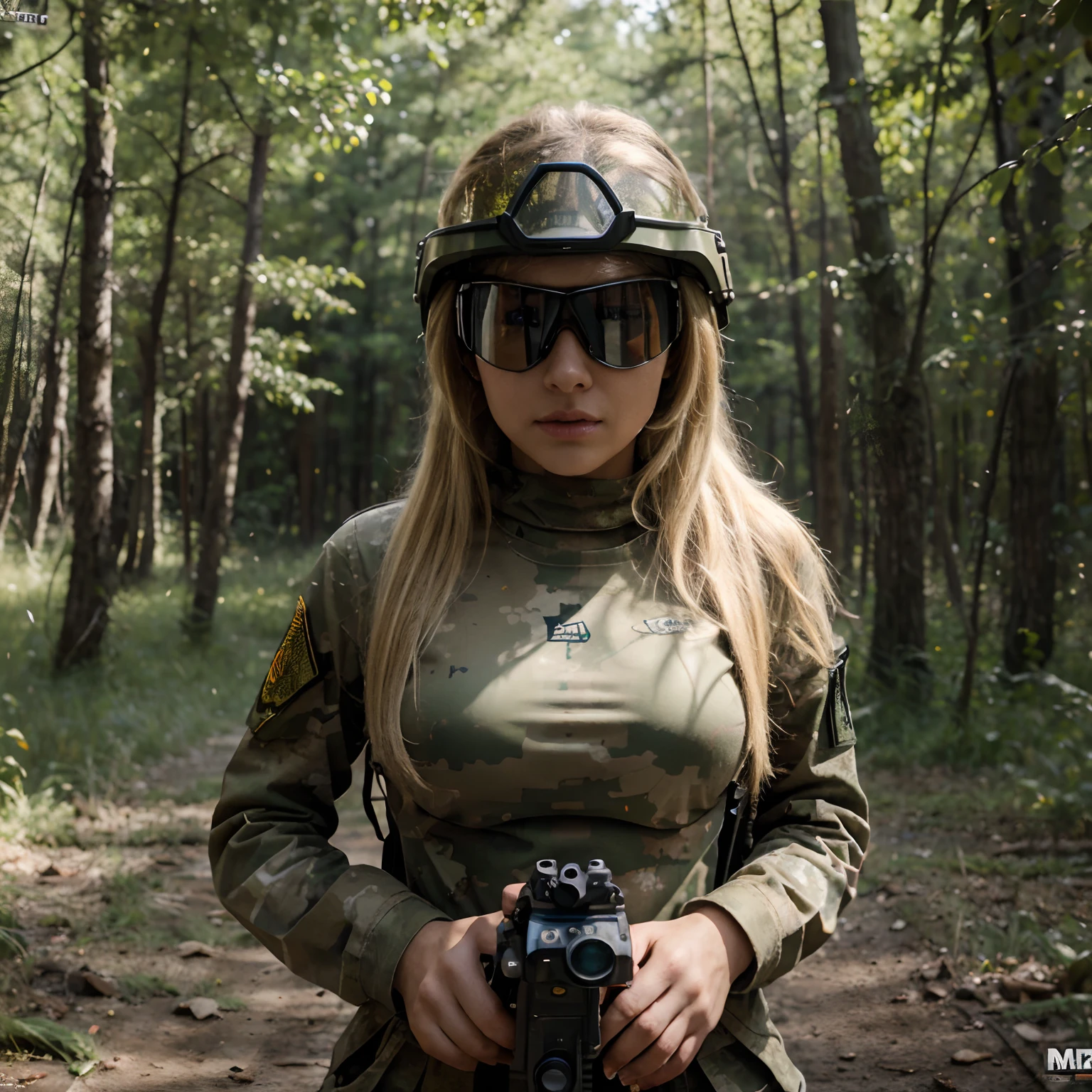 ((Masterpiece)), ((Best Quality)), 8K, HD 1 girl blond hair, very hot, military atim, forest behind, military helmet, goggles, holding paintball gun, Dirty in paint from paintball, medium breasts, medium bust