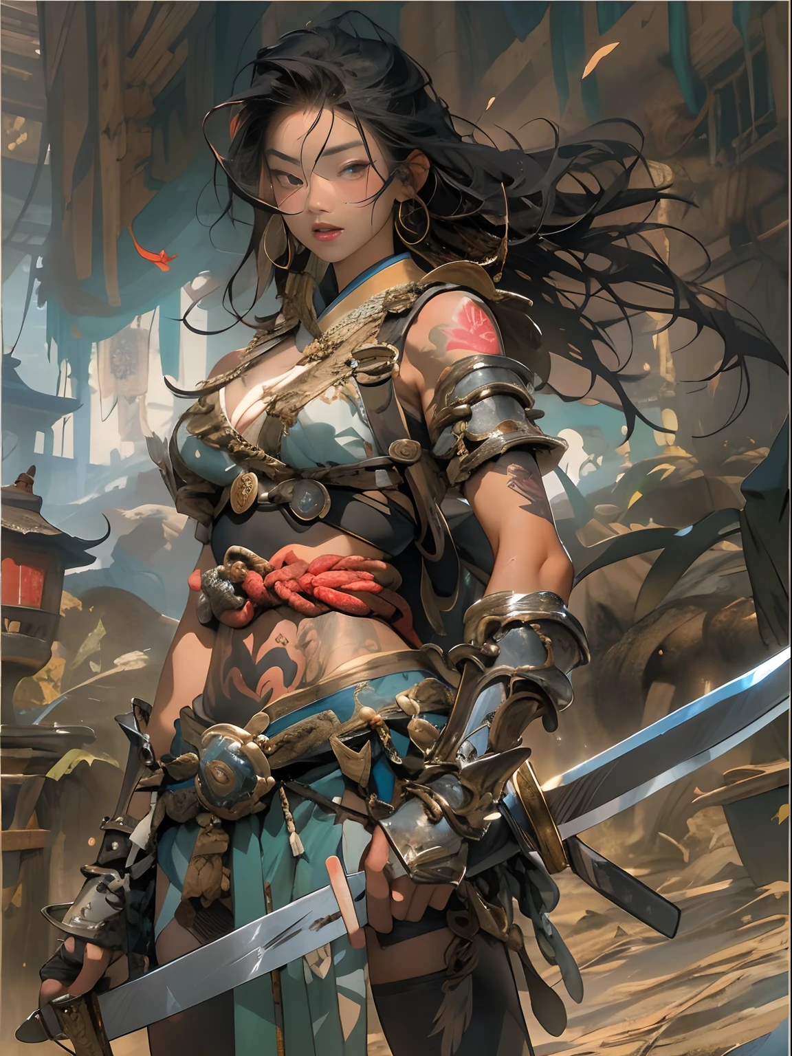 ((masterpiece)、(top-quality)、(reallistic))、beautiful queen、Bondage style、latex shiny、by Luis Royo:1.4、1girl in、Sexy Daughter、Small fashionable tattoos、Attractive earrings with striking beauty、Super beauty、Super Ultra Ultra Bikini、standingn、The upper part of the body、Beauty in return、Fantastic mythological landscape