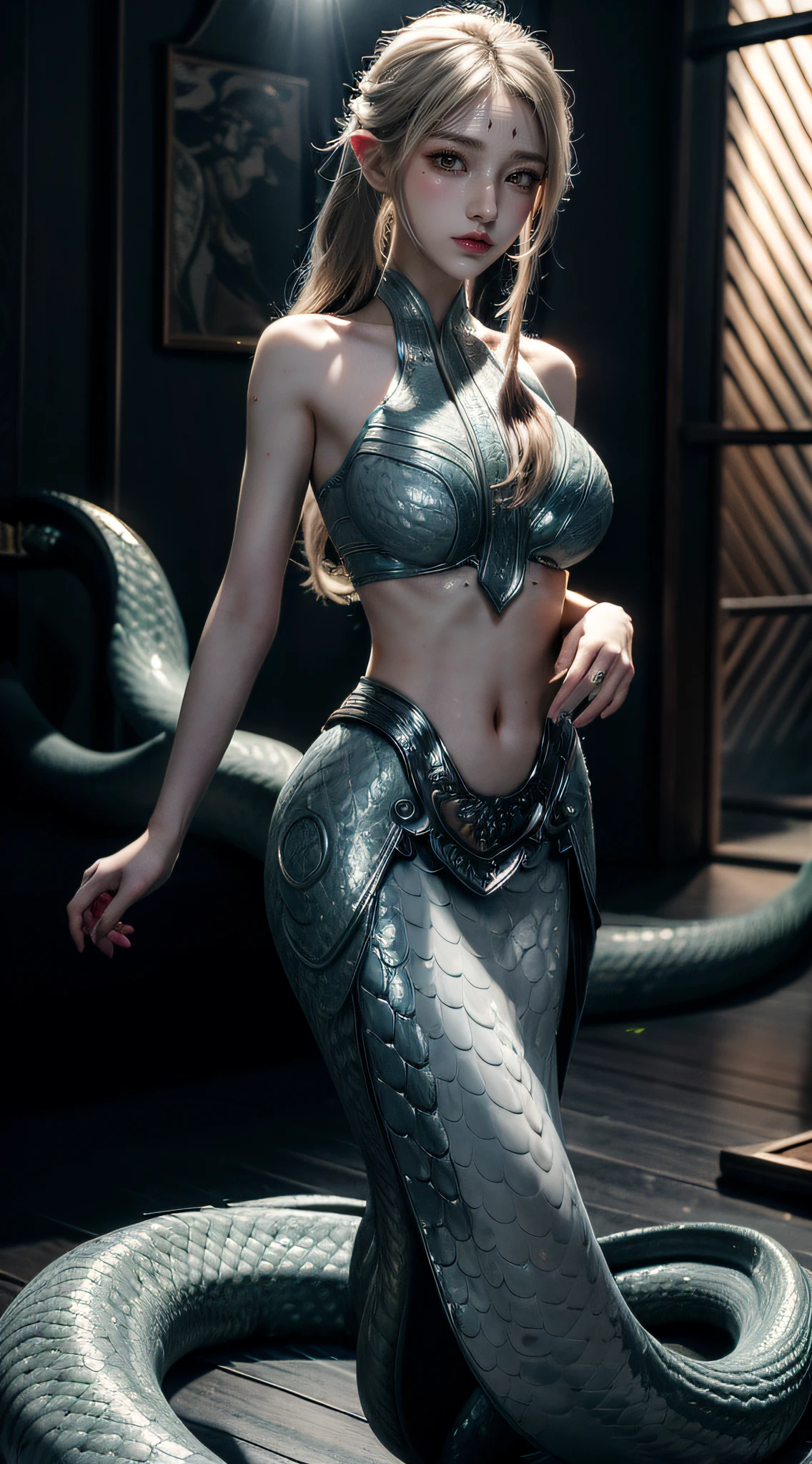 White Snake Ji，((Best picture quality, 8K, tmasterpiece:1.3)), Lady, Slender abs:1.3, (Casual hairstyle, No leakage of big breasts:1.2), Delicate golden scales:1.3, （mermaids：1.2），（Elongated S-shaped snake tail：1.3），Ultra-fine face, A detailed eye, 二重まぶた，Meticulous hands，Cold，graceful and dignified，（A look of desire and dissatisfaction），（nakeness:1.2），Raised sexy，Duan，Letter tattoos，8K