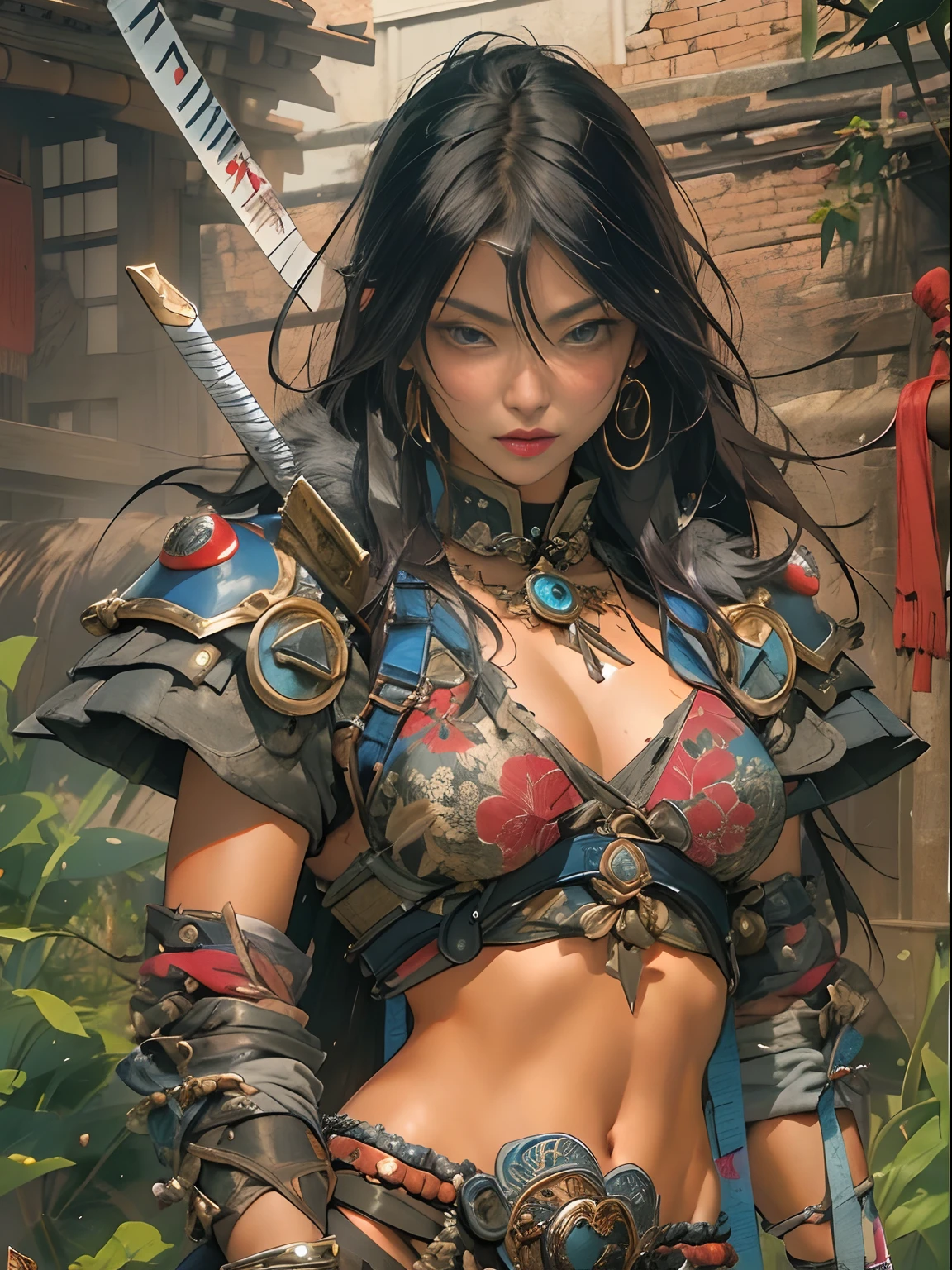 (((woman))), (((best qualityer))), (((tmasterpiece))), (((AS-Adult))), ((( Japanese ))), Look up from your knees, A beautiful asian samurai woman with perfect body, Modern samurai, ((( Asian))), Wear gloves on your hands,The left arm is made of steel and metal tips,Made of protective devices, The eyes are pulled, (( Appears below the breast )), (( Small dental floss )), Simon Bisley, Almost naked(Simon Bisley)Castle City Wilderness,For high-resolution posters, hair straight, Minimum clothing, armure (Crazy clothes ), Full of tips and rivets, tribal tattoos, (((full bodyesbian))), Straight brunette hair,Colored hair ends