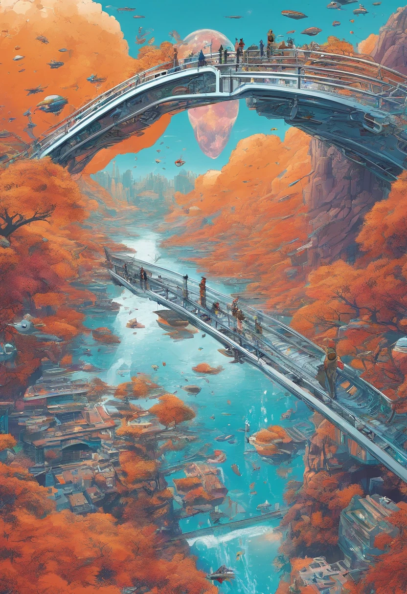 (jumping off a bridge,hilarious concept),medium:3D rendering,playful atmosphere,exciting action,highres,ultra-detailed,realistic colors,vibrant lighting,chickens flying in every direction,bridge with detailed architecture and texture,splashing water,joyful expression,adventurous spirit,youthful energy,fountain of feathers.