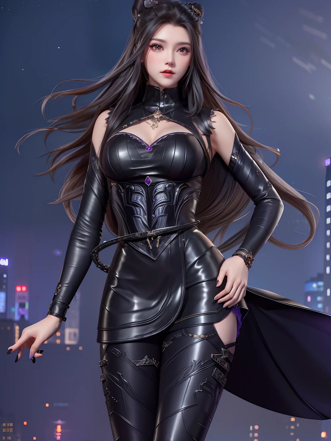 DLDLzhuzhuqing, 1girl, solo, black hair, long hair, purple eyes, thigh boots, black dress, looking at viewer, detached sleeves, jewelry, cone hair bun,mature female, cityscape, night, cowboy shot, hand on hip,