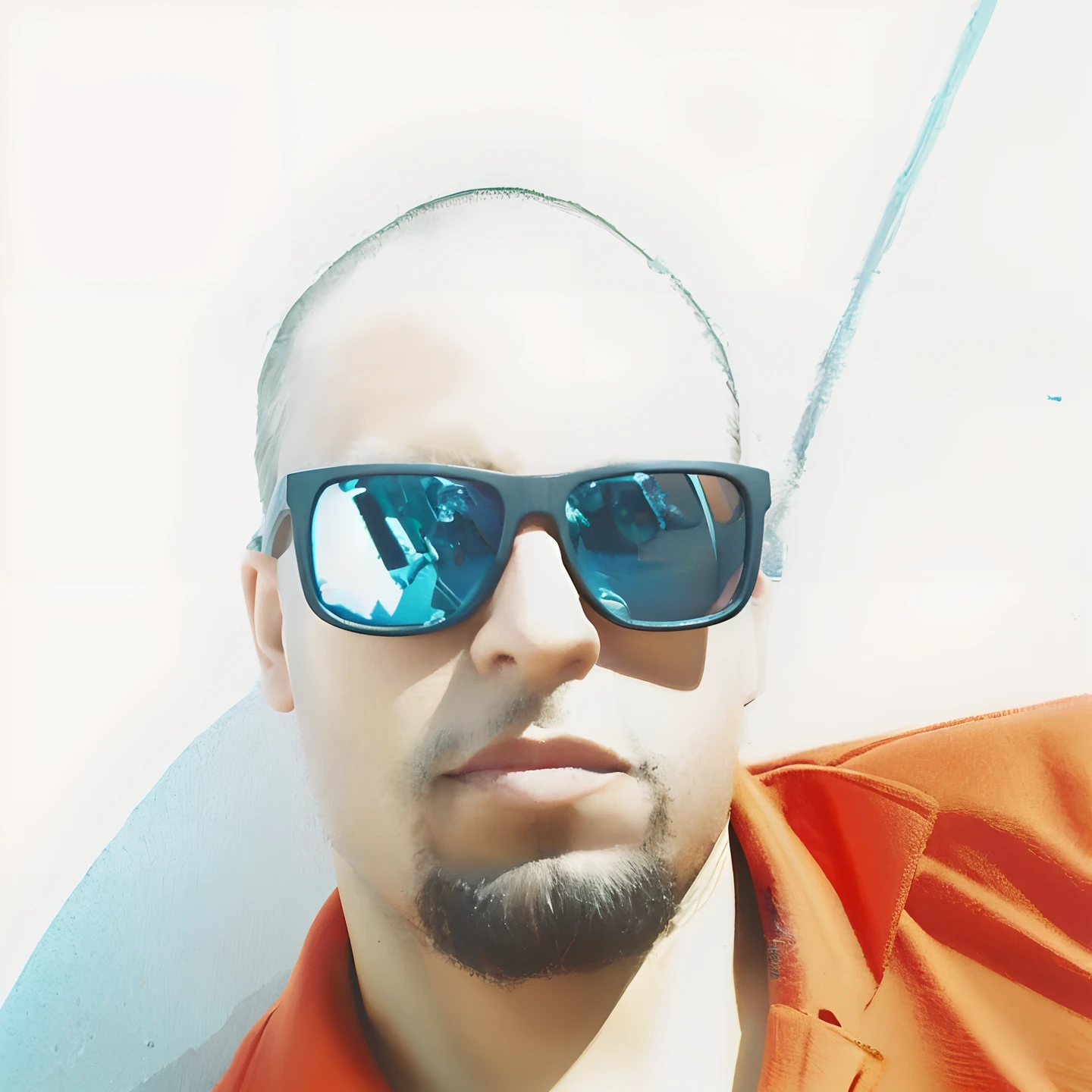Create a 3d animation-style poster, Disney/Pixar, There's a man in sunglasses and a red shirt, em tempo ensolarado, cerca de 3 5 anos, foto de perfil, with sun glasses, wearing orange sunglasses, imagem de qualidade muito baixa, Foto de perfil, foto de perfil 1024px, with sunglasses, Hora do dia ensolarado, foto de perfil, vacation photo, with glasses and goatee, foto no iphone, com barba, praia ao fundo, Giant Aquarium.