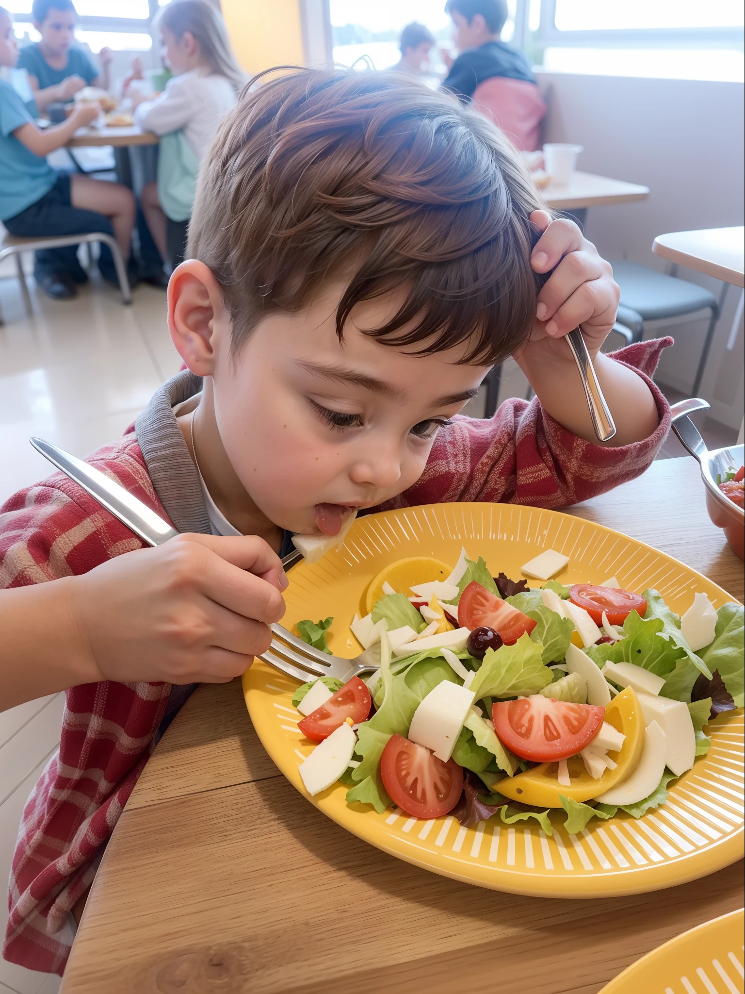  eating salad with fork, delicious, healthy, salad, food, kid, on a te in a busy diner, messy eater, closeup at the food, Eating pizza, Slicing lettuce, kids, Al fresco dining, boys, Using the Fork, children, little kid, brman