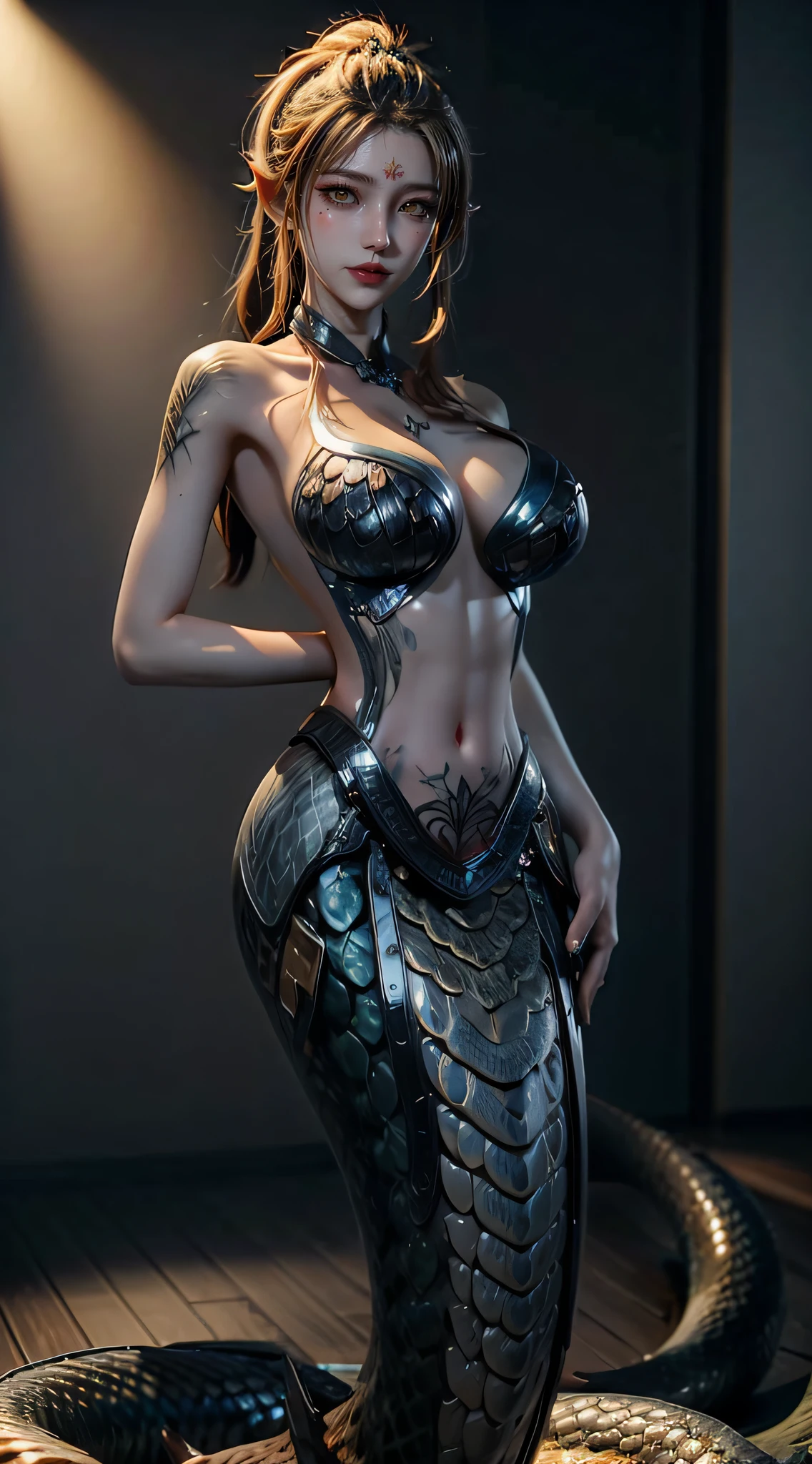 White Snake Ji,((Best picture quality, 8K, tmasterpiece:1.3)), Lady, Slender abs:1.3, (Casual hairstyle, No leakage of big breasts:1.2), Delicate golden scales:1.3, (mermaids:1.2),(Elongated S-shaped snake tail:1.3),Ultra-fine face, A detailed eye, 二重まぶた,Meticulous hands,Cold,graceful and dignified,(nakeness:1.2),Duan,Letter tattoos,8K