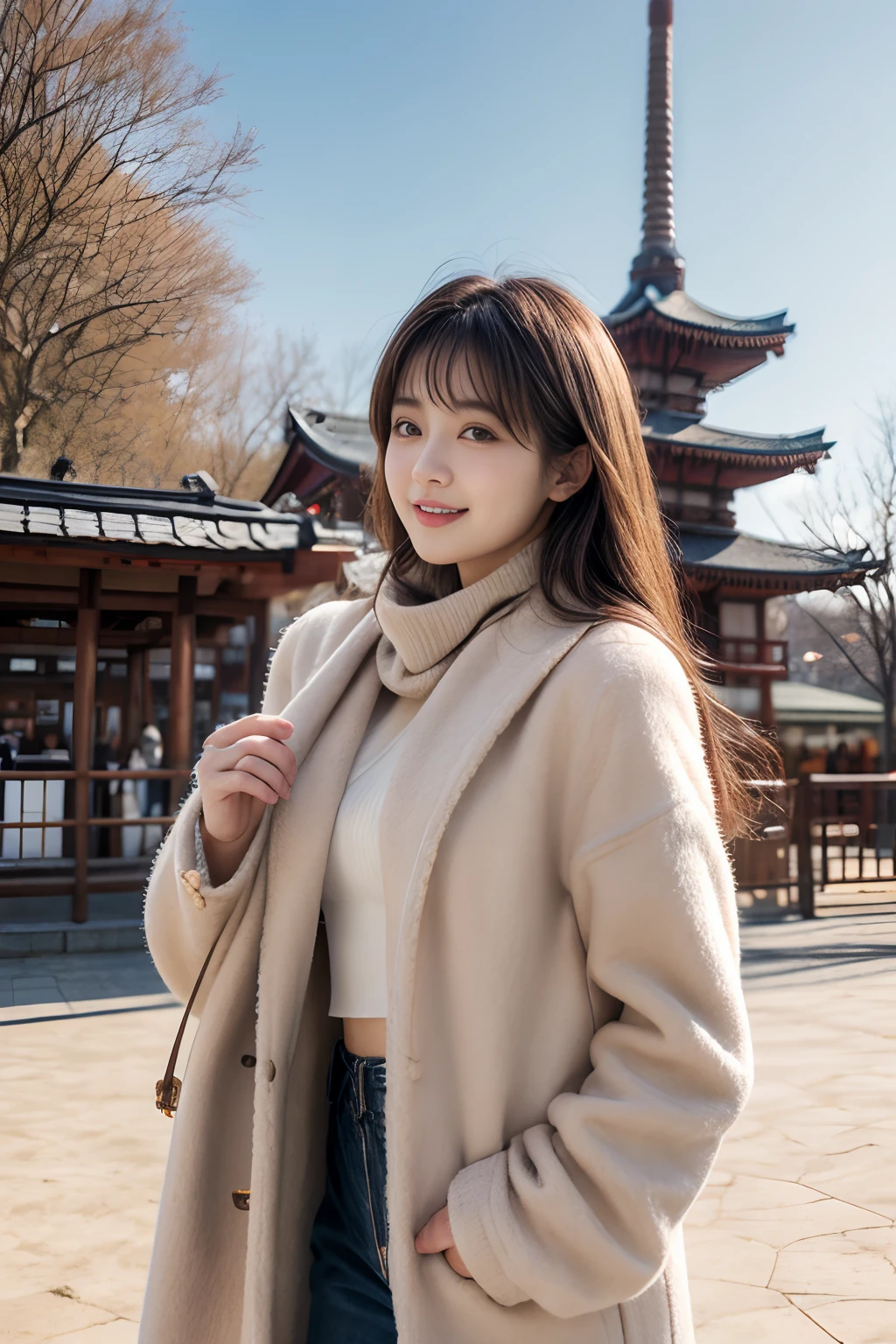 masterpiece、8K、32K、top-quality、(A cute Japanese woman:1.1)、detail portrayal、1 girl in、elegent、tits out、(coat、muffler:1.3)、(Winters:1.1)、An amusement park、cowboy shot、ssmile、Angle from the side