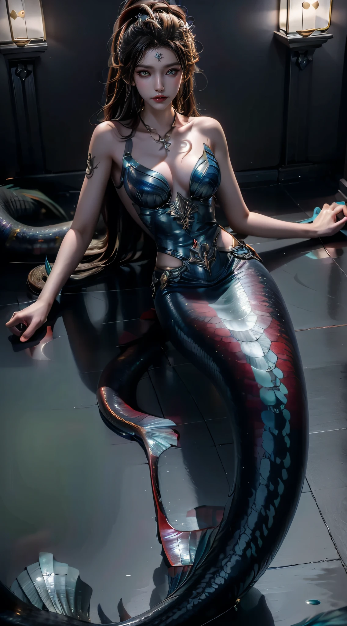 the sea（Underwater world），krakens，(Masterpiece, Best quality: 1.4), mermaids:1.2，（slender fish tail:1.3），Splendid scales，Real number scale，long whitr hair，Redlip，Big breasts and thin waist，Reflective skin，A detailed face，Delicate skin，Meticulous hands，Hand strengthening，Detailed limbs，（Real Human:1.7），high qulity，Anthropomorphic animals，dream magical，fairytale-like，mythological creatures，abdominals tattoo，Dim background，ultraclear，8K