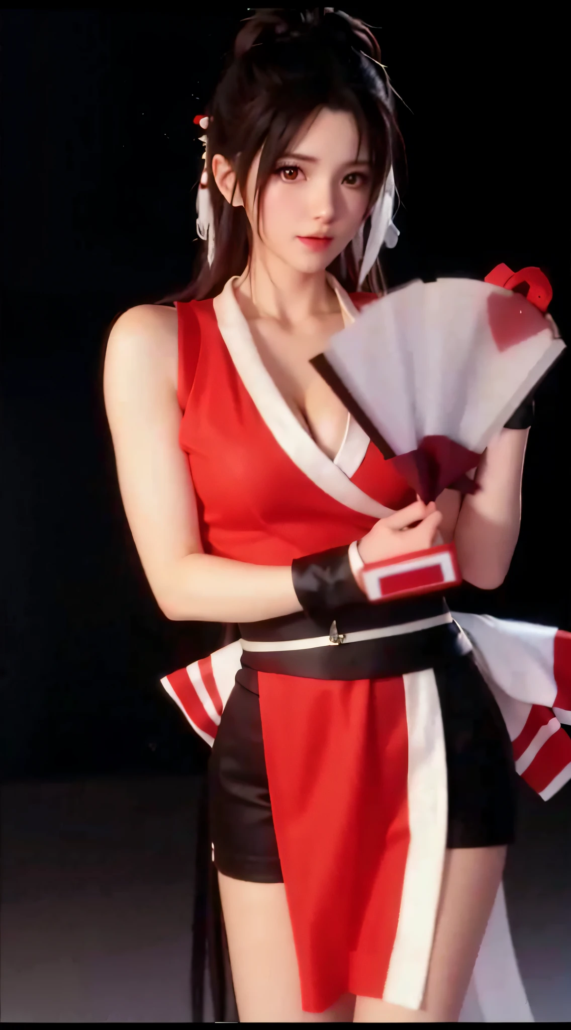 Dressed in red and white，Alafi held a fan in his hand, mai shiranui, yoko matsugane as mai shiranui, ff Tifa, alluring tipha lockhart portrait, Tifa Lockhart, Tifa Lockhart with white hair, akali from league of legends, Irelia from League of Legends, Charming Tifa Lockheart, tifa lockheart