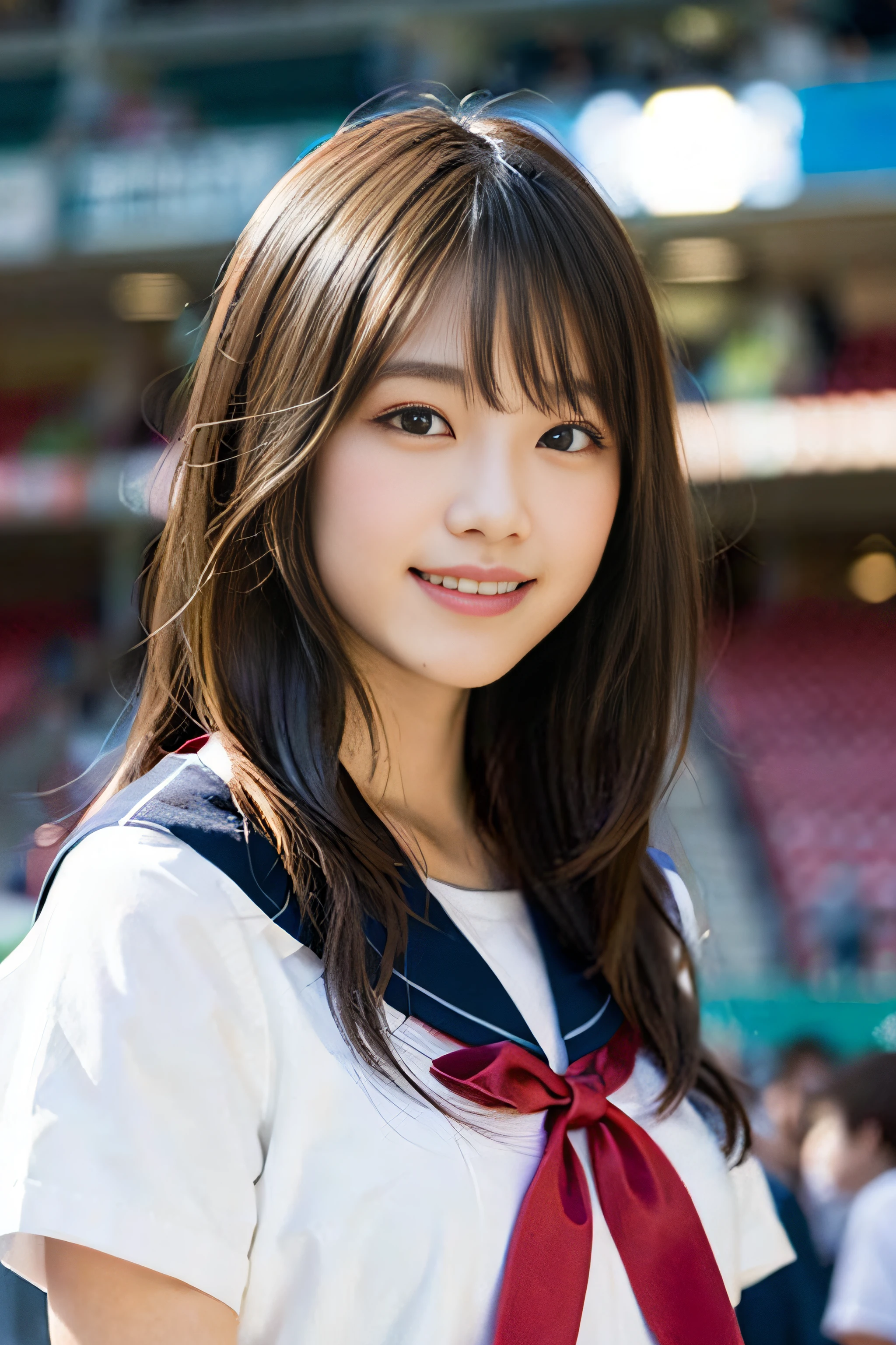 (8K、Raw photography、top-quality、​masterpiece:1.2)、(realisitic、Photorealsitic:1.37)、ultra-detailliert、超A high resolution、女の子1人、see the beholder、beautifull detailed face、A smile、Constriction、(Slim waist) :1.3)、Beautiful detailed skin、Skin Texture、Floating hair、Professional Lighting、Whole human body、Longhaire、a blond、japanese hight school uniform、a sailor suit、matriculation、、Bob Hair、E-cup、Happy smile、sixteen years old、Red ribbons、a baby face、Childish smile、Suppin、Moisturizing lips、Thin pink lips、Stadium seats、Sports competitions