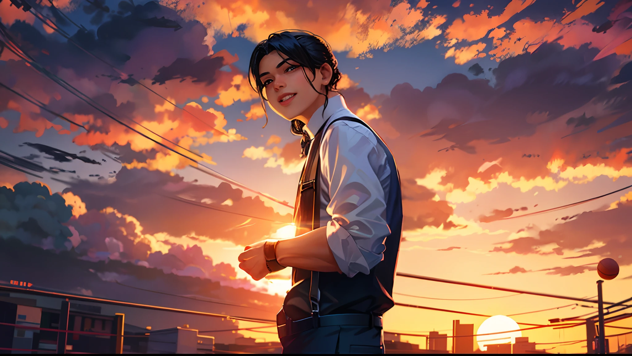 the sunset，eventide，middle parted hairstyle，Suspenders，Raise Hand，basketball ball