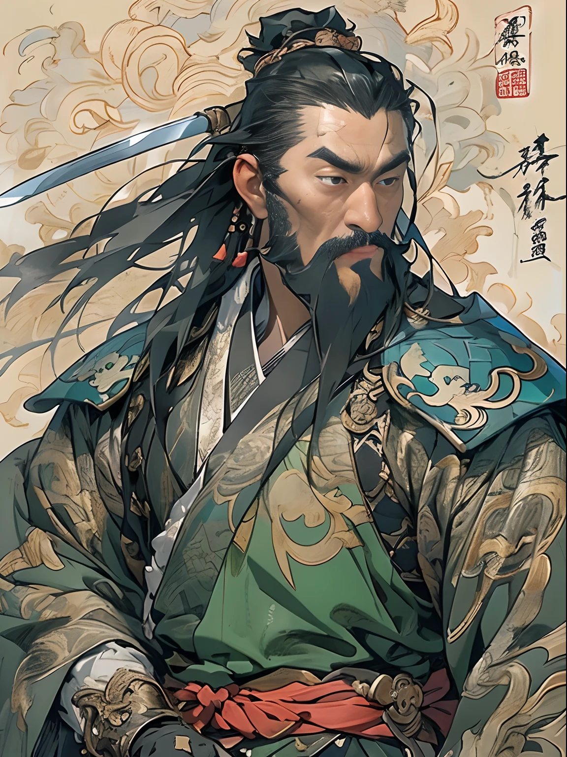 (((China-style,Ink painting method,Half-length portrait,Intense color,Han dynasty, China,Hanfu,Armor,Guan yu,Guan Yunchang,of a guy,Ruddy killing square face,Hold the Blue Dragon Moon Knife in his right hand,Stroke your beard with your left hand,Long hair,petty eyes,Green robe))), (((best qualityer))), (((tmasterpiece))), (((AS-Adult))), ((( Japanese ))), Look up from your knees, Handsome Asian samurai,perfect body figure, Modern samurai, ((( Asian))), Wear gloves on your hands,The left arm is made of steel and metal tips,Made of protective devices, The eyes are pulled, (( Appears below the chest )), (( Small dental floss )), Simon Bisley, Almost naked(Simon Bisley)Castle City Wilderness,For high-resolution posters, hair straight, Minimum clothing, armure (Crazy clothes ), Full of tips and rivets, tribal tattoos, (((full bodyesbian))), Straight brunette hair,Colored hair ends