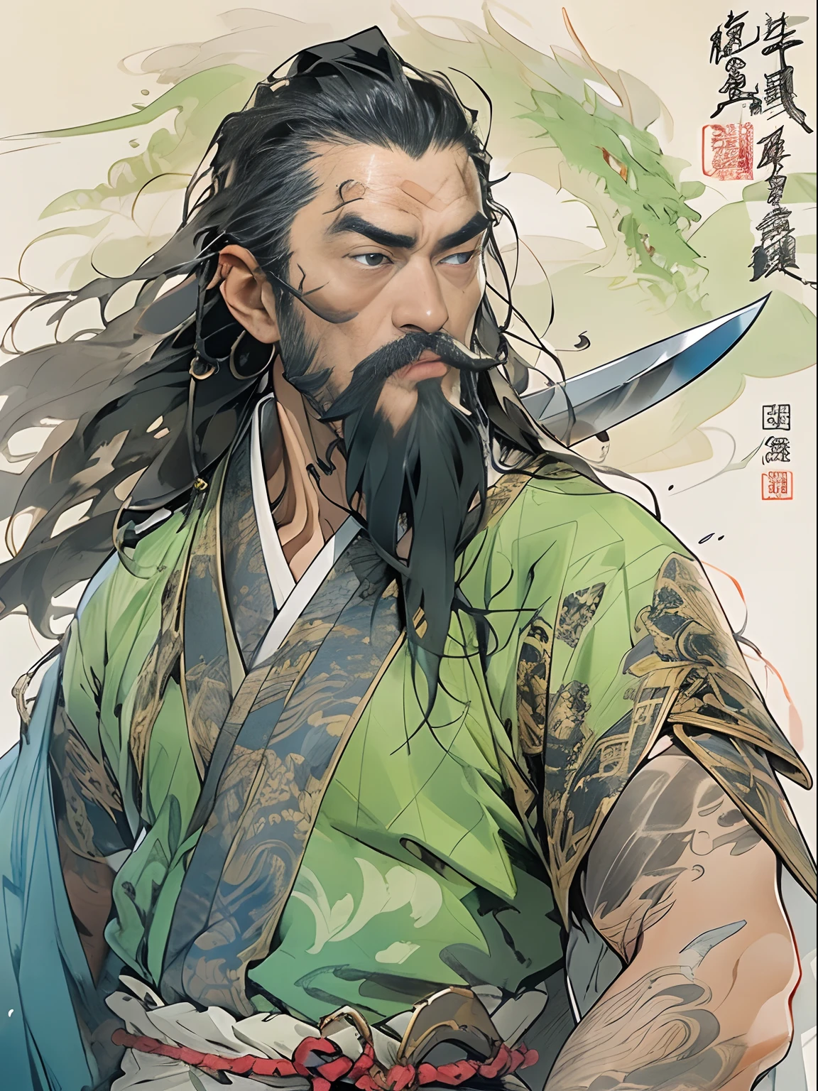 (((China-style，Ink painting method，Half-length portrait，Intense color，Han dynasty, China，Hanfu，Armor，Guan yu，Guan Yunchang，of a guy，Ruddy killing square face，Hold the Blue Dragon Moon Knife in his right hand，Stroke your beard with your left hand，Long hair，petty eyes，Green robe))), (((best qualityer))), (((tmasterpiece))), (((AS-Adult))), ((( Japanese ))), Look up from your knees, Handsome Asian samurai，perfect body figure, Modern samurai, ((( Asian))), Wear gloves on your hands，The left arm is made of steel and metal tips，Made of protective devices, The eyes are pulled, (( Appears below the chest )), (( Small dental floss )), Simon Bisley, Almost naked（Simon Bisley）Castle City Wilderness，For high-resolution posters, hair straight, Minimum clothing, armure (Crazy clothes ), Full of tips and rivets, tribal tattoos, (((full bodyesbian))), Straight brunette hair，Colored hair ends