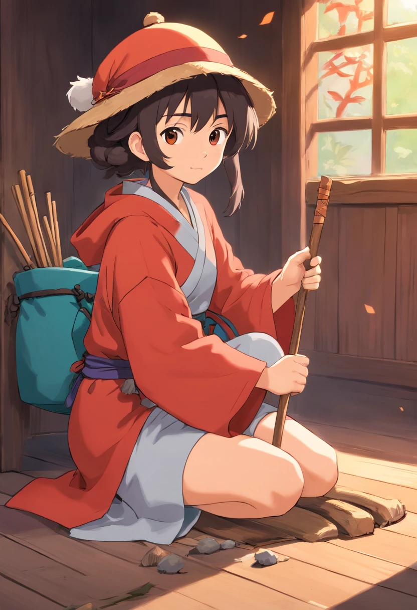 anime character with a stick and a hat sitting on a floor, concept art inspired by theCHAMBA, pixiv, sots art, am a naranbaatar ganbold, sage ( valorant ), akiyuki shinbou, otaku gangasta, as a dnd character, 2 d anime style, akira from chinese mythology