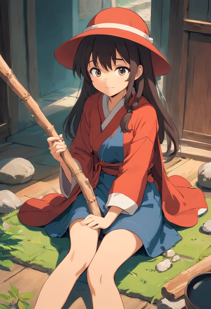 Anime character sitting on the floor with a stick and a hat, concept art inspired by theCHAMBA, Pisif, Sots Art, am a naranbaatar ganbold, saints ( valorant ), akiyuki shinbo, Otaku Gangasta, as a dnd character, 2 d anime style, Akira in Chinese mythology，Hold your phone in hand