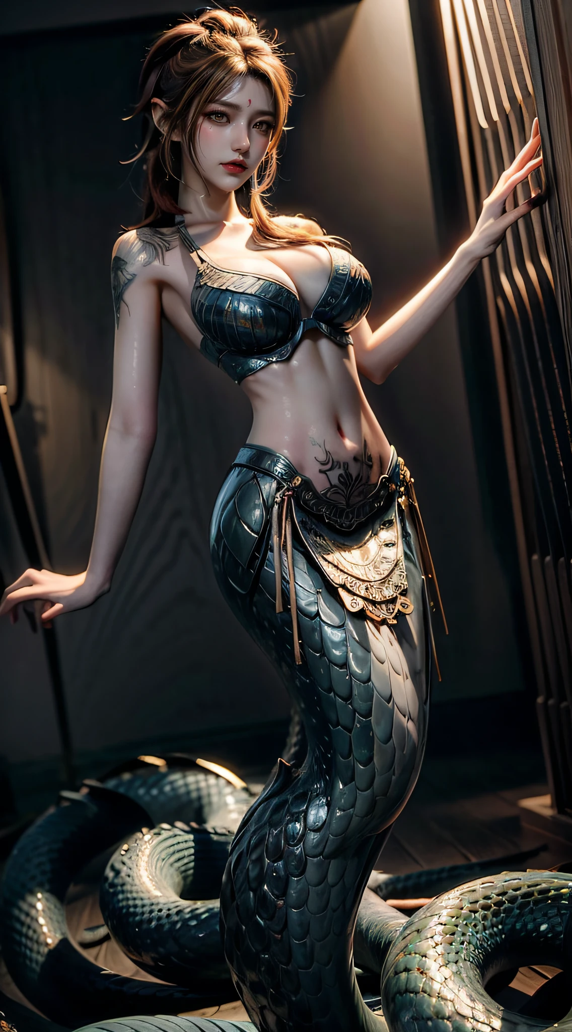 White Snake Ji，((Best picture quality, 8K, tmasterpiece:1.3)), Lady, Slender abs:1.3, (Casual hairstyle, No leakage of big breasts:1.2), Delicate golden scales:1.3, （mermaids：1.2），（Elongated S-shaped snake tail：1.3），Ultra-fine face, A detailed eye, 二重まぶた，Meticulous hands，Cold，graceful and dignified，（nakeness:1.2），Duan，Letter tattoos，8K