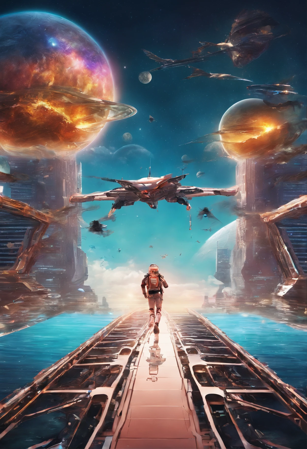 (jumping off a bridge,hilarious concept),medium:3D rendering,playful atmosphere,exciting action,highres,ultra-detailed,realistic colors,vibrant lighting,chickens flying in every direction,bridge with detailed architecture and texture,splashing water,joyful expression,adventurous spirit,youthful energy,fountain of feathers.