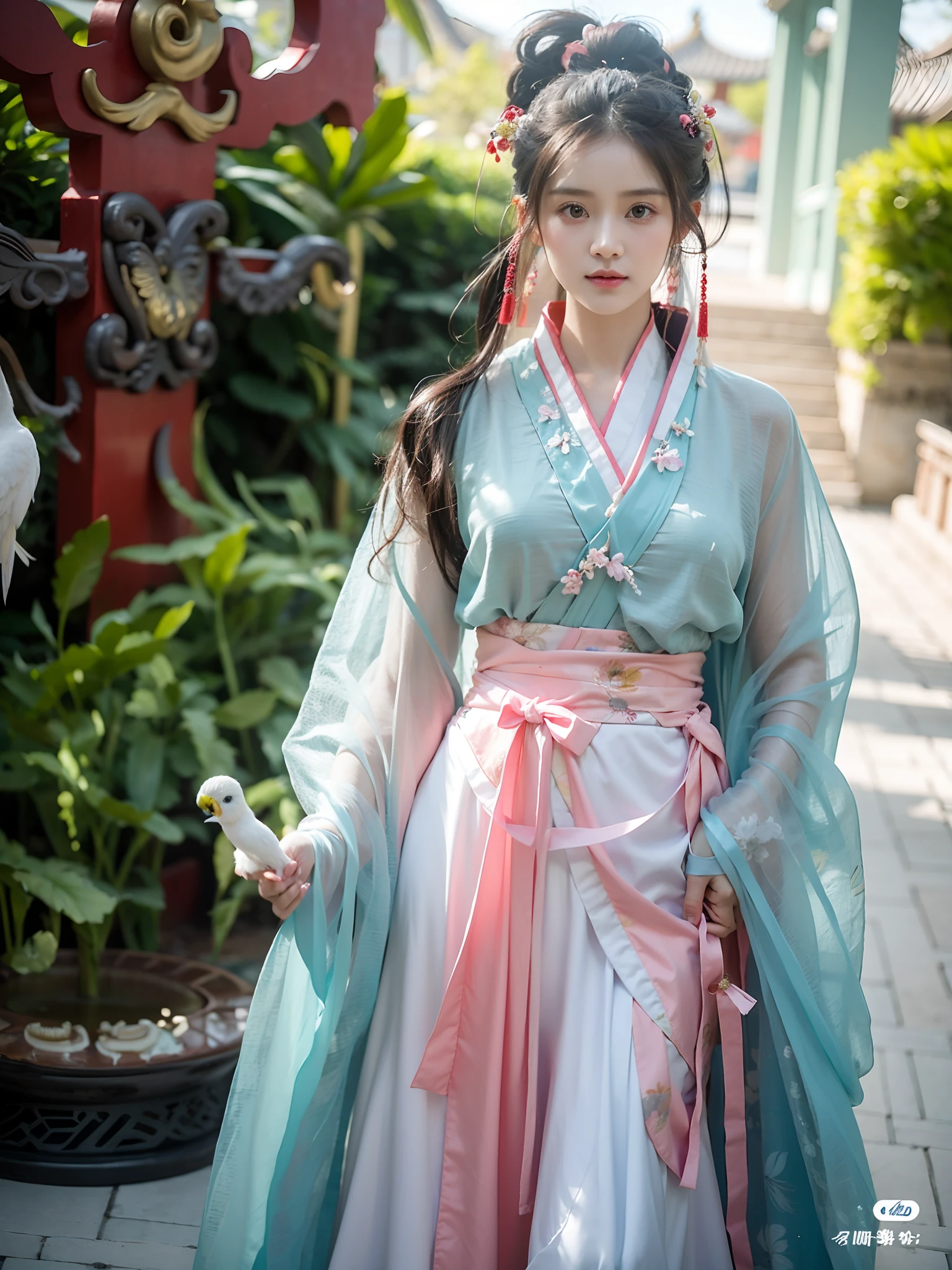 Arafi woman in pink and blue dress and a white bird, Hanfu, White Hanfu, Palace , A girl in Hanfu, Wearing ancient Chinese clothes, Traditional Chinese clothing, Princesa chinesa antiga, with acient chinese clothes, Chinese costume, pale and coloured kimono, inspired by Gu An, wearing a long flowing robe, flowing hair and long robes