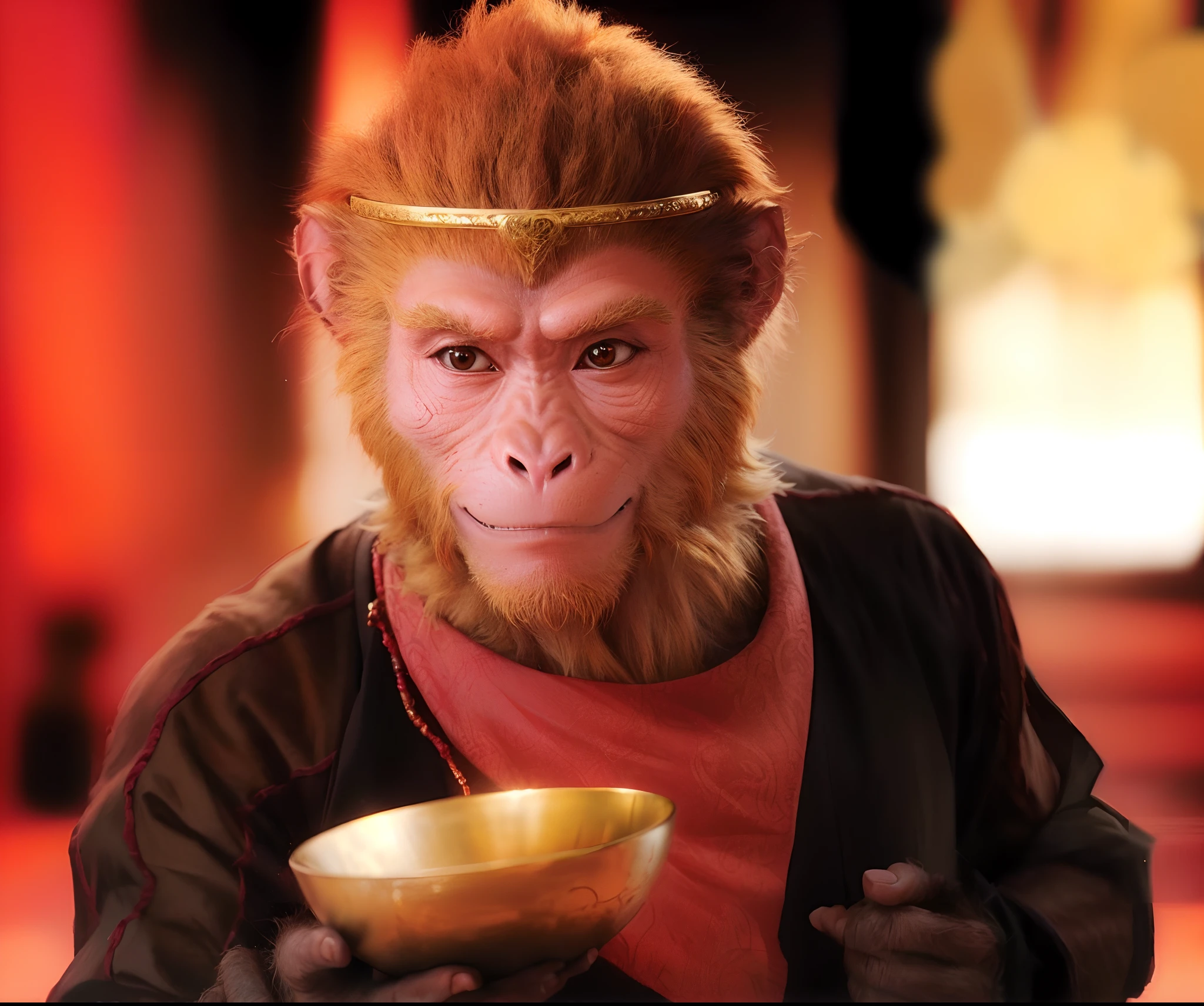 A monkey with a gold ring on his head holds a golden bowl, , son goku, humanoid monkey fantasy race,, Monkey king, Wukong, film promotional still, face like monkey