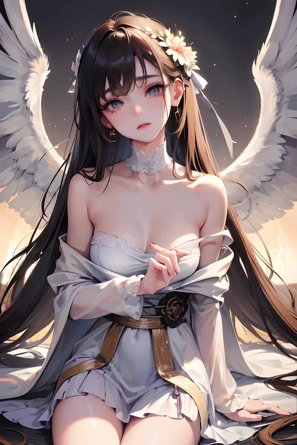 (Masterpiece), (Best quality), Photorealistic, art, sharp focus on face, full bodyesbian,
intricately detailed eyes, Perfect, Beautiful, Bare legs, Soft clothes, Fallen Angel, Crying, heartbreaking,
death, Haze lights, Heavenly, Cinematic, Background with depth, art