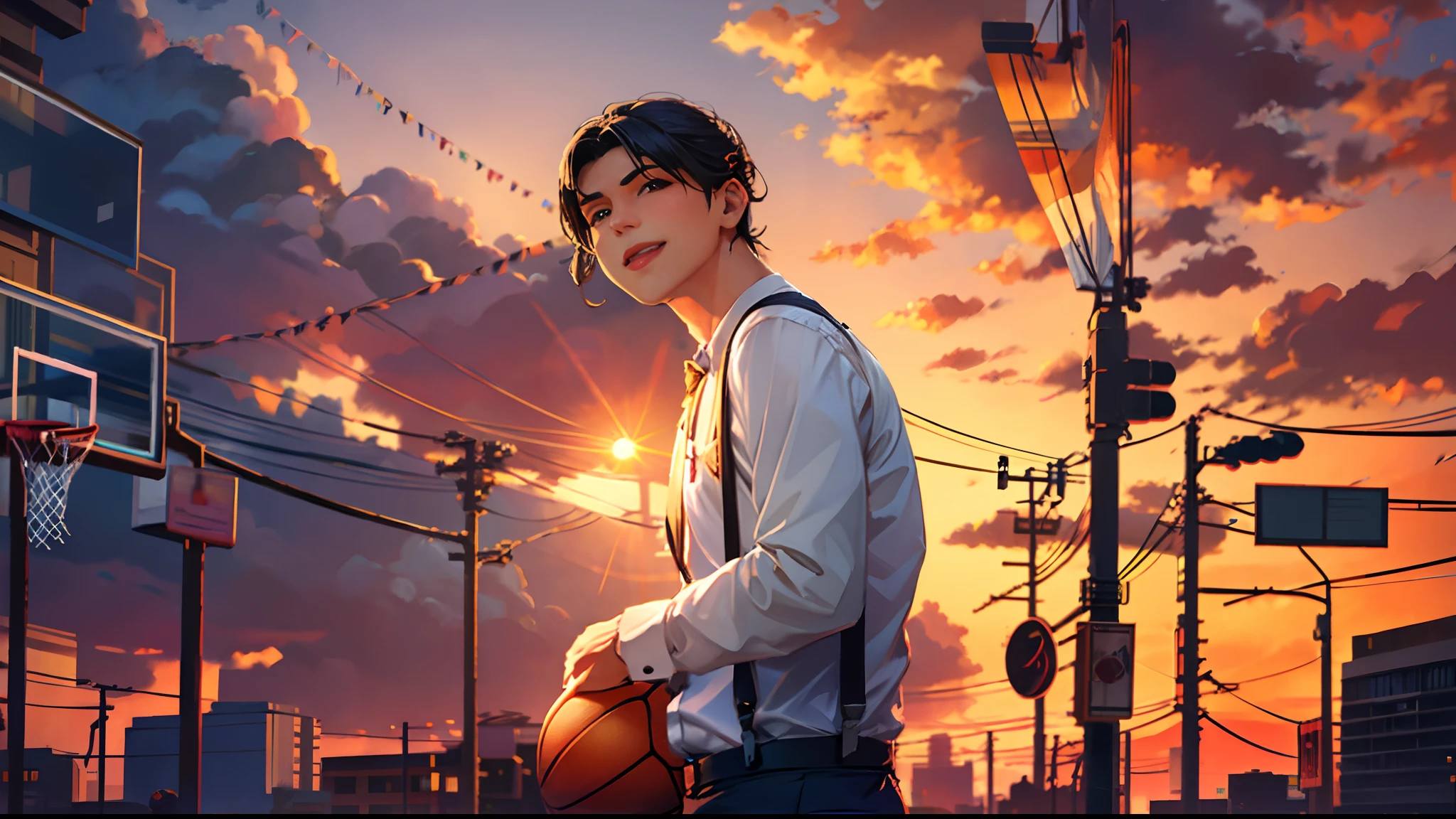 the sunset,eventide,middle parted hairstyle,Suspenders,Raise Hand,basketball ball