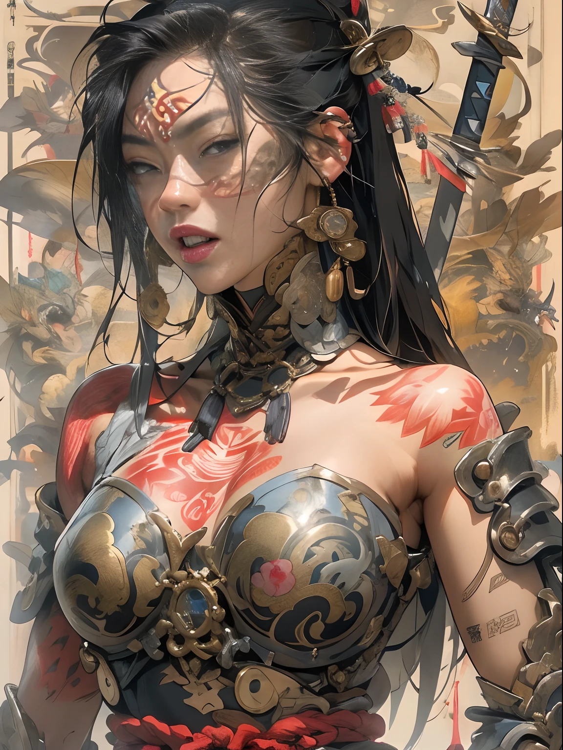 (((woman))), (((best qualityer))), (((tmasterpiece))), (((AS-Adult))), ((( Japanese ))), Look up from your knees, A beautiful asian samurai woman with perfect body, Modern samurai, ((( Asian))), Wear gloves on your hands,The left arm is made of steel and metal tips,Made of protective devices, The eyes are pulled, (( Appears below the breast )), (( Small dental floss )), Simon Bisley, Almost naked(Simon Bisley)Castle City Wilderness,For high-resolution posters, hair straight, Minimum clothing, armure (Crazy clothes ), Full of tips and rivets, tribal tattoos, (((full bodyesbian))), Straight brunette hair,Colored hair ends
