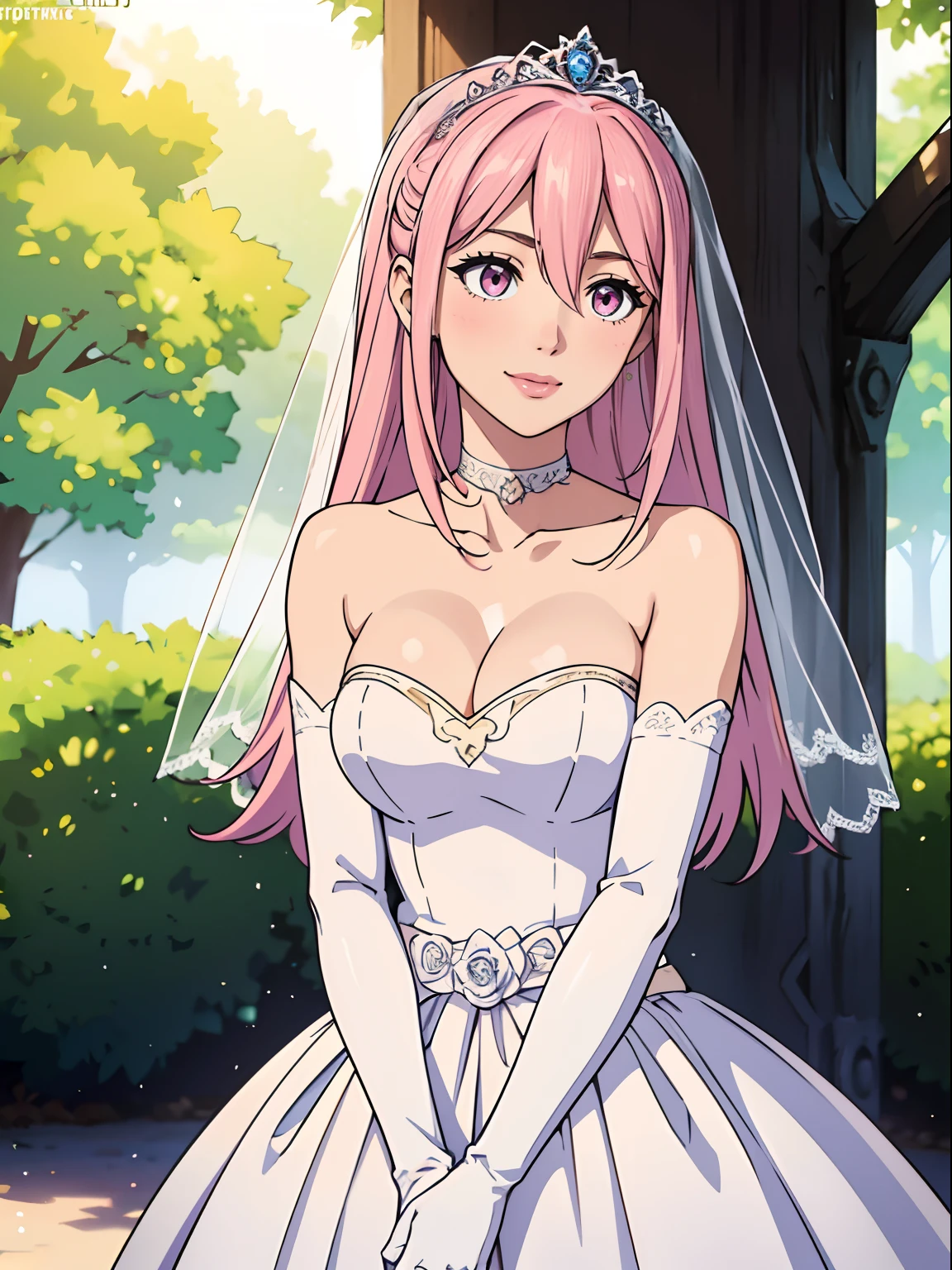 1girl hair between eyes, ahoge, pink eyes, pink hair, star \(symbol\), hair ornament, dress, cleavage, bare shoulders, collarbone, long white elbow gloves, white gloves, white dress, white choker, strapless, tiara, veil, strapless dress, wedding dress, bridal veil, beautiful woman, perfect body, perfect breasts, wearing a wedding dress, ball gown, in the park trees, wedding decorations, a in love smile, realism, masterpiece, textured skin, super detail, high detail, high quality, best quality, 1080p, 16k