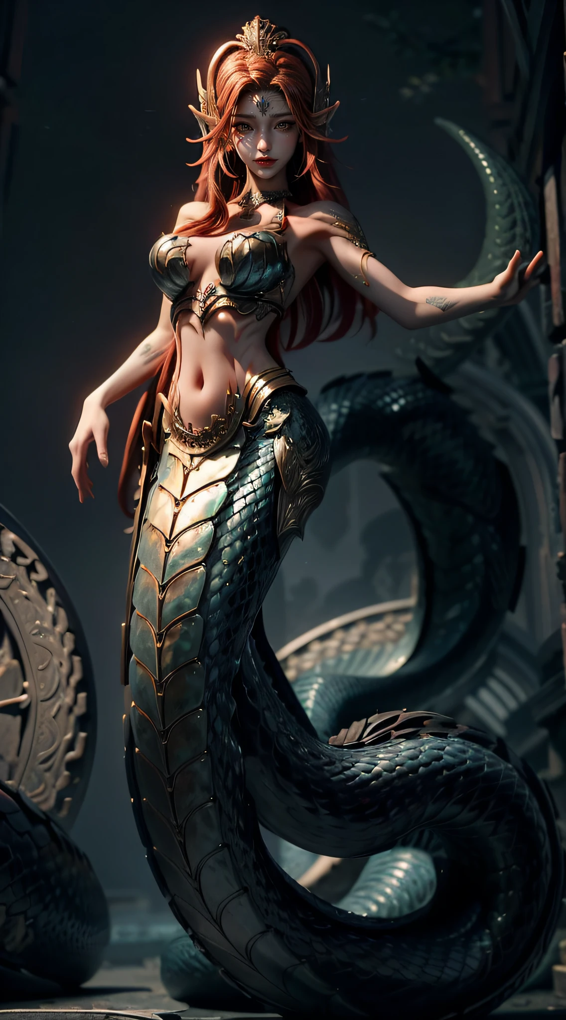 （palaces），krakens，(Masterpiece, Best quality: 1.4), mermaids:1.2，（Elongated snake tail:1.3），Splendid scales，Real number scale，long whitr hair，Redlip，Big breasts and thin waist，Reflective skin，A detailed face，Delicate skin，Meticulous hands，Hand strengthening，Detailed limbs，（Real Human:1.7），high qulity，Anthropomorphic animals，dream magical，fairytale-like，mythological creatures，abdominals tattoo，Dim background，ultraclear，8K