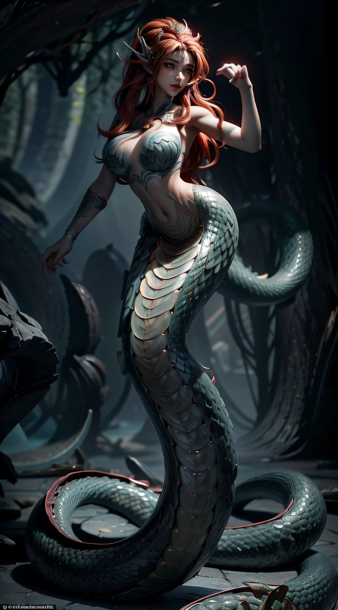 （palaces），krakens，(Masterpiece, Best quality: 1.4), mermaids:1.2，（Elongated snake tail:1.3），Splendid scales，Real number scale，long whitr hair，Redlip，Big breasts and thin waist，Reflective skin，A detailed face，Delicate skin，Meticulous hands，Hand strengthening，Detailed limbs，（Real Human:1.7），high qulity，Anthropomorphic animals，dream magical，fairytale-like，mythological creatures，abdominals tattoo，Dim background，ultraclear，8K