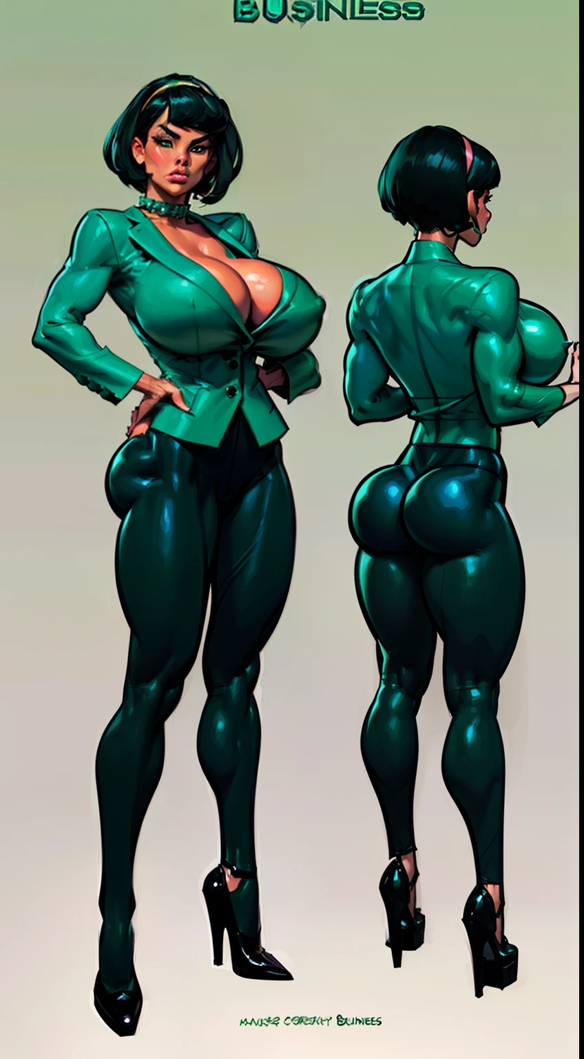 ((masterpiece)),(((best quality))), ((character design sheet:1.4)), ((full body view)) illustration,1girl, muscular, ((mintgreen business suit:1.4)), buttercup, (mintgreen hairband),((black hair:1.4)), greensuiys ((detailed face:1.4)) ((gigantic breasts:1.3)), ((spiked choked collar)), (black pants), beautiful woman, slick bobcut, shiny skin, (thick legs), scribbles and marks, , rough sketches, pose, 8k,16k, (simple background, white background: 1.3)