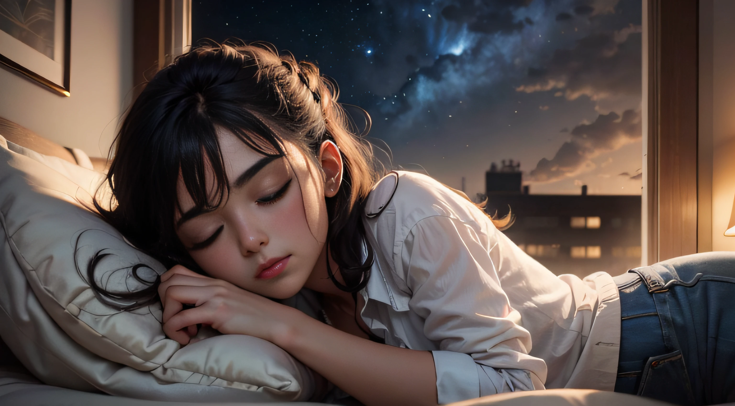 nigh sky、realisitic、Woman sleeping on blanket wearing shirt and jeans、A radiant aura emanates from a woman sleeping in a blanket、超A high resolution、A dark-haired