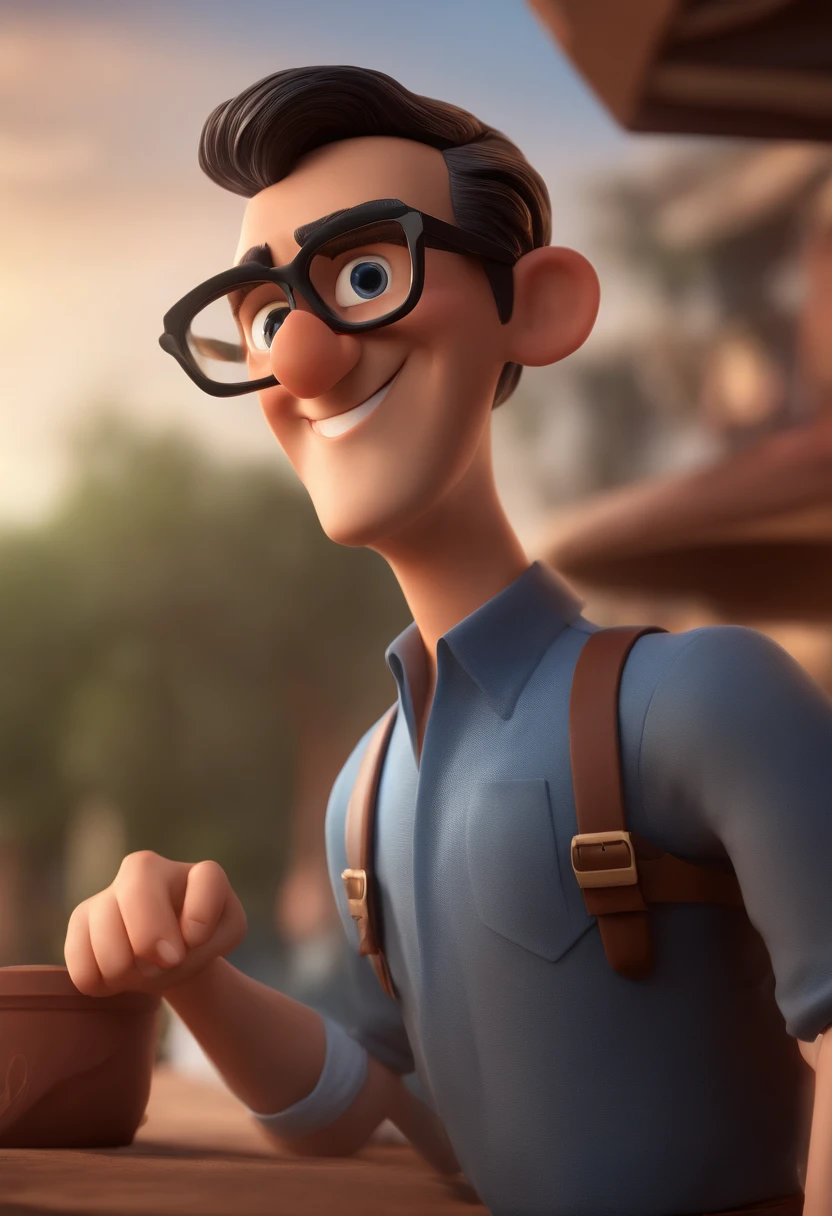 Cartoon character of a man with black glasses and a blue shirt, animation character, Caractere estilizado, animation style rendering, 3D estilizado, Arnold Maya render, 3 d render stylized, toon render keyshot, Personagem 3D, Personagem 3D, 3d rendering stylized, 3 d character render, personagem de desenho animado, Personagem de close up, Pose de personagem, (Estilo Pixar) (master part:1.2) (Bokeh) (best quality) (pele detalhada) (textura detalhada) (8k) (argila) (Cinematic lighting) (foco nítido