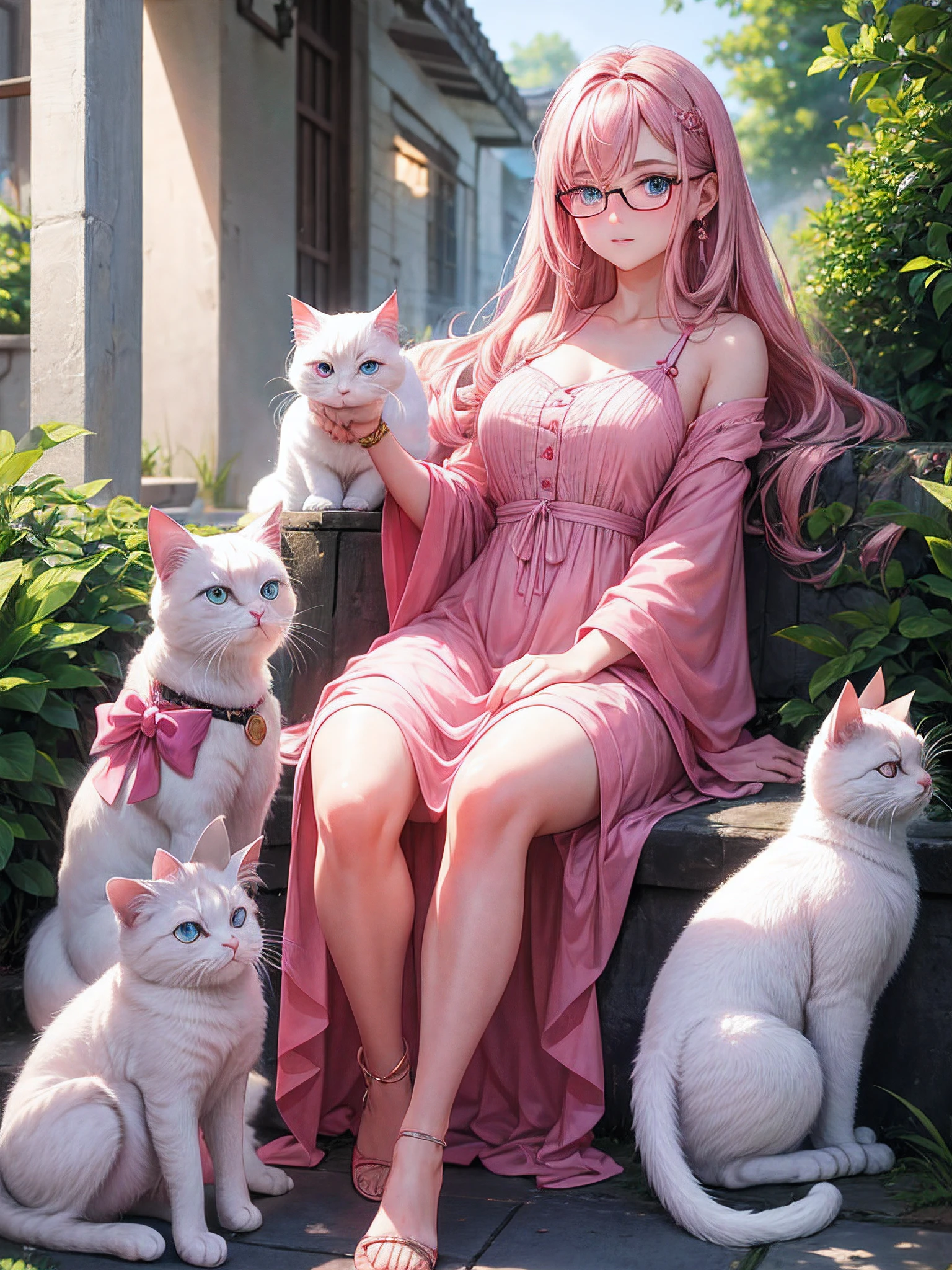 cute lady with eyeglasses and long hair wearing pink dress, beside white cat with blue eyes, absurdres, high resolution, ultrashart, 8k masterpiece, looking at the viewer