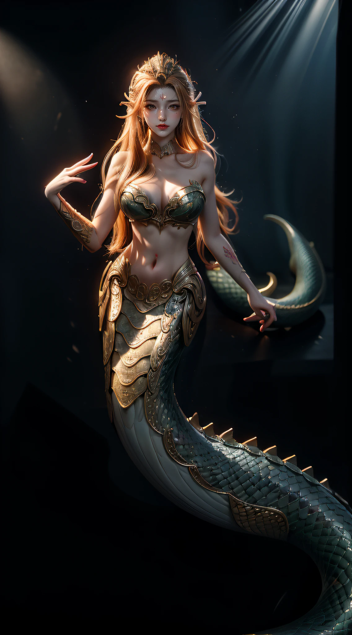 （palaces），krakens，(Masterpiece, Best quality: 1.4), mermaids:1.2，（Elongated snake tail:1.3），Splendid scales，Real number scale，long whitr hair，Redlip，Big breasts and thin waist，Reflective skin，A detailed face，Delicate skin，Meticulous hands，Hand strengthening，Detailed limbs，（Real Human:1.7），high qulity，Anthropomorphic animals，dream magical，fairytale-like，mythological creatures，abdominals tattoo，Dim background，ultraclear，8K