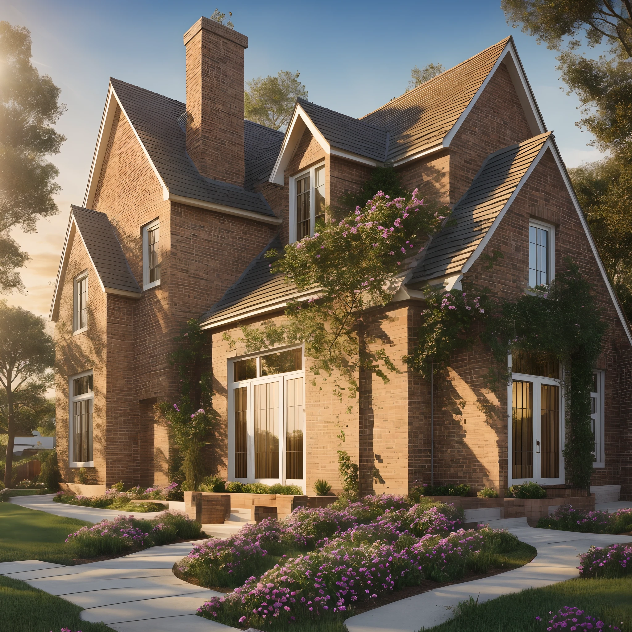 Realistic images, extremely detailed, a modern house, 1 road in font of house, large yard made by ceramic, (1 car), brick fence, lawn, a few small flowers, a road in front of the house, main materials of the house are white walls and red brick, Modern design, clear blue sky, sunrise light, light from inside, dynamic light,shimering light, cinematic light, romantic feeling, (((day light, warm light)))
