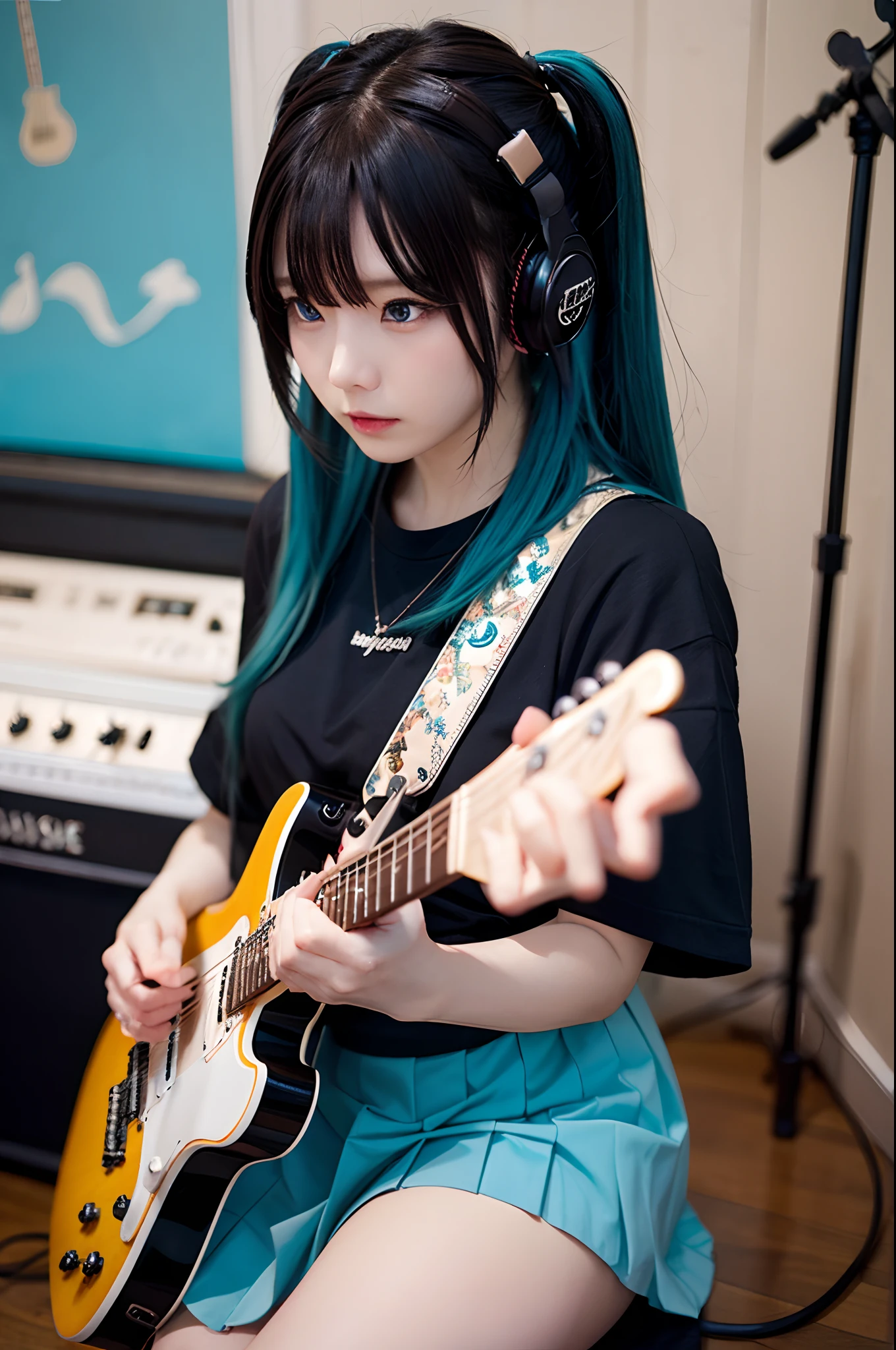 ((masutepiece, Best Quality))1girl in, Solo, Black Dress, Blue eyes, electric guitar, Guitar, headphones, double ponytails, Holding, holding plectrum, musical instrument, Long hair, Music, One side up, Teal Hair, Twin-tailed, playing guiter, Pleated skirt, Black shirt, interiors