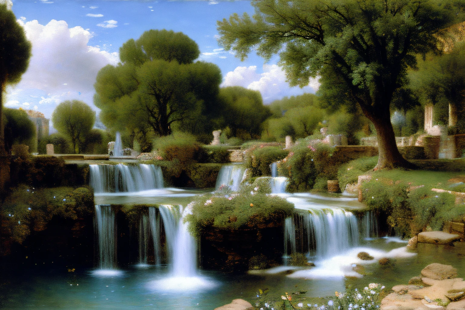 Landscape inside the earth, mer bleu cobalt cristalline bleu profond,glycine,Cascades, Eau cristalline, ciel azur lumineux, ,(Highly detailed CG Unit 8k wallpaper), The most beautiful work of art in the world, Professional majestic oil painting, complexe, High detail, mise au point nette, dramatique, Art of photorealist painting, Alma Tadema