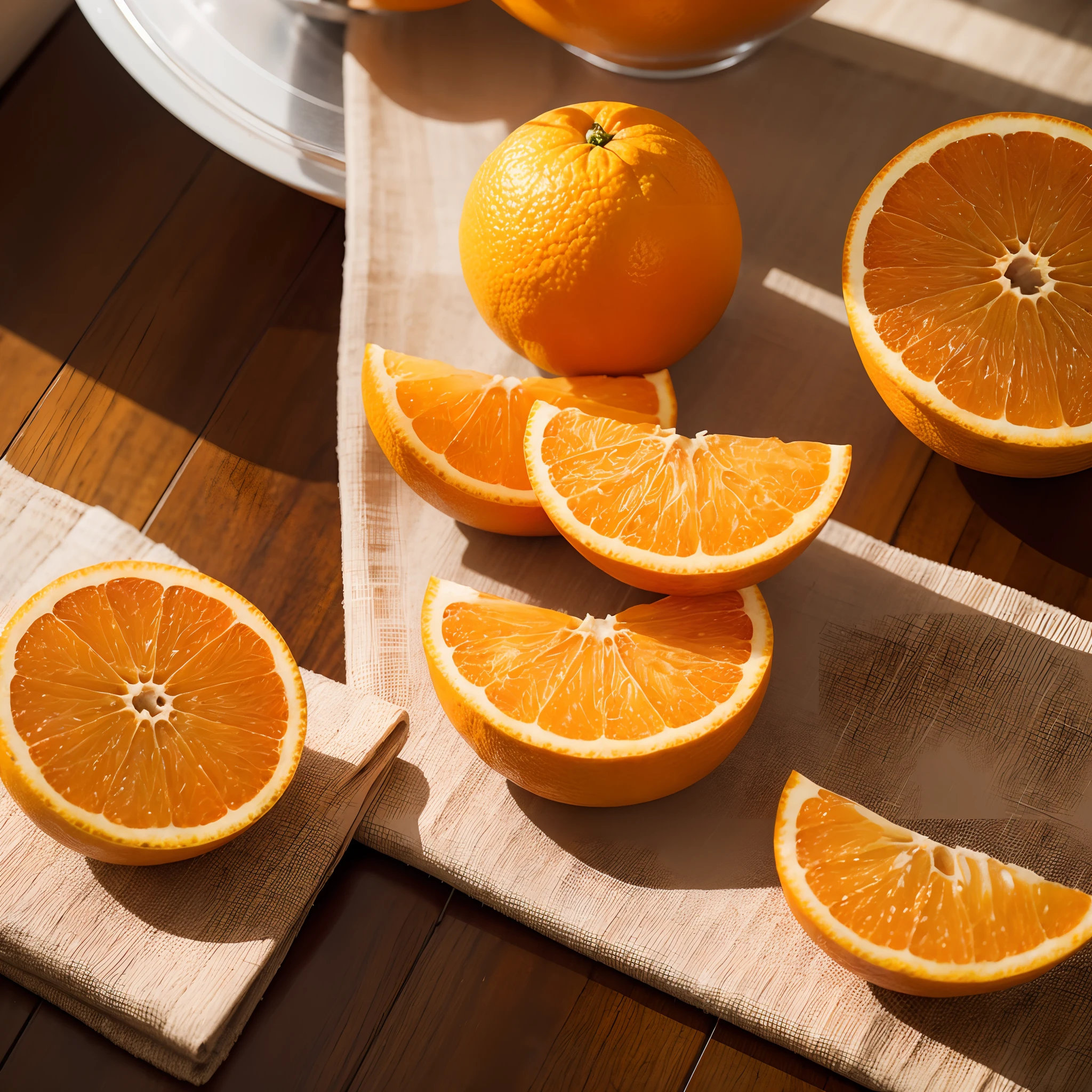 There are multiple oranges in the room,A close-up of the cut in half,hyper realisitc,photography of