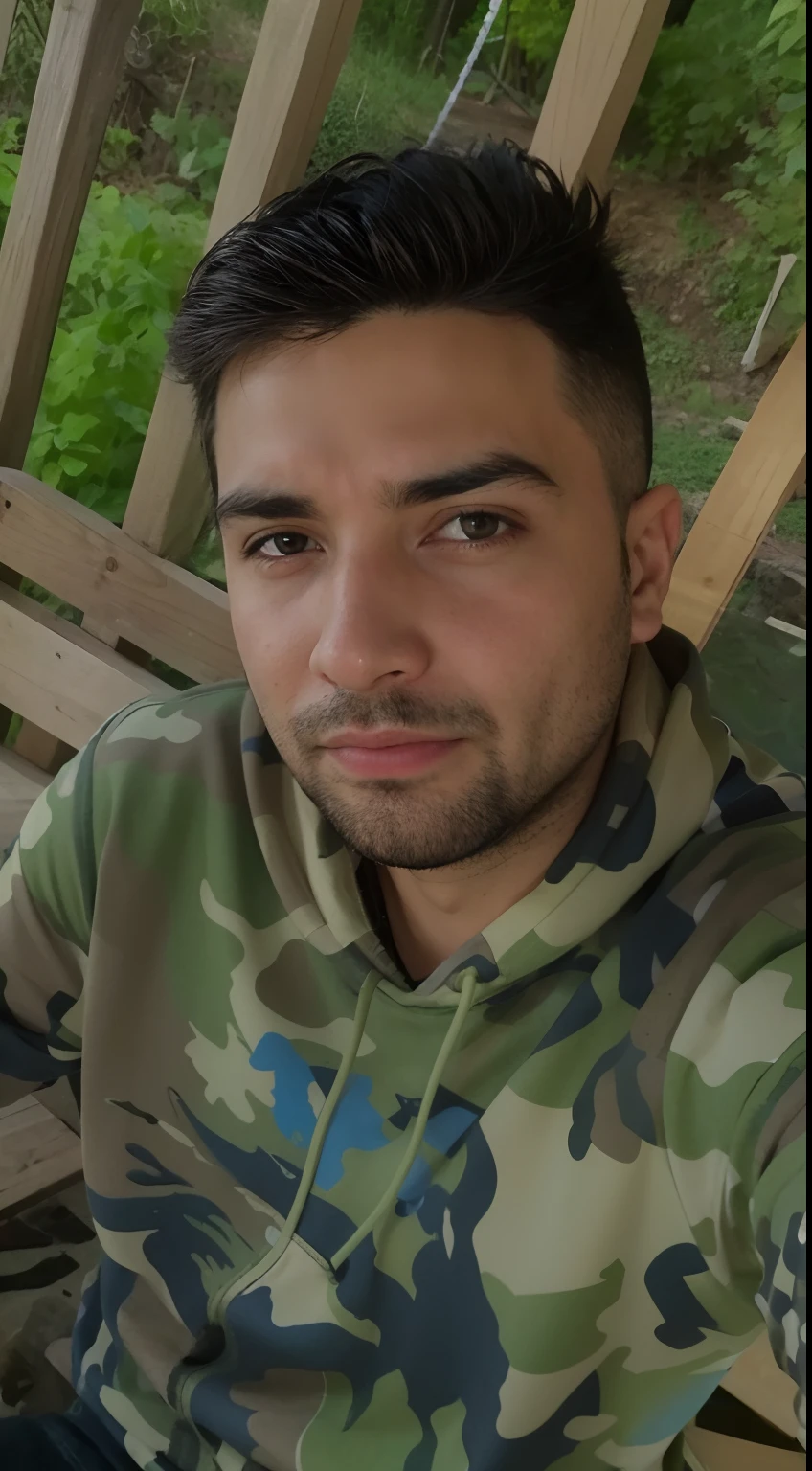 Homem de camisa camuflada sentado em um banco com um cachorro-quente, foto de perfil headshot, Streamer do Twitch / Jogador Ludwig, foto de perfil 1024px, Michal, usando camuflagem, imagem de qualidade muito baixa, Anton Fadeev 8 K, halfbody headshot, em torno de 1 9 anos, Retrato NFT, Retrato no meio da foto