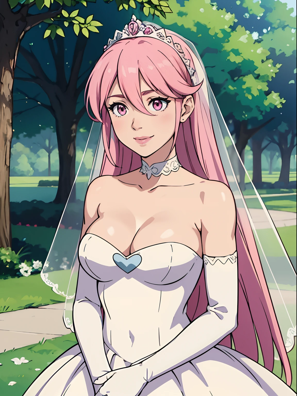 1girl hair between eyes, ahoge, pink eyes, pink hair, star \(symbol\), hair ornament, dress, cleavage, bare shoulders, collarbone, long white elbow gloves, white gloves, white dress, white choker, strapless, tiara, veil, strapless dress, wedding dress, bridal veil, beautiful woman, perfect body, perfect breasts, wearing a wedding dress, ball gown, in the park trees, wedding decorations, a in love smile, realism, masterpiece, textured skin, super detail, high detail, high quality, best quality, 1080p, 16k