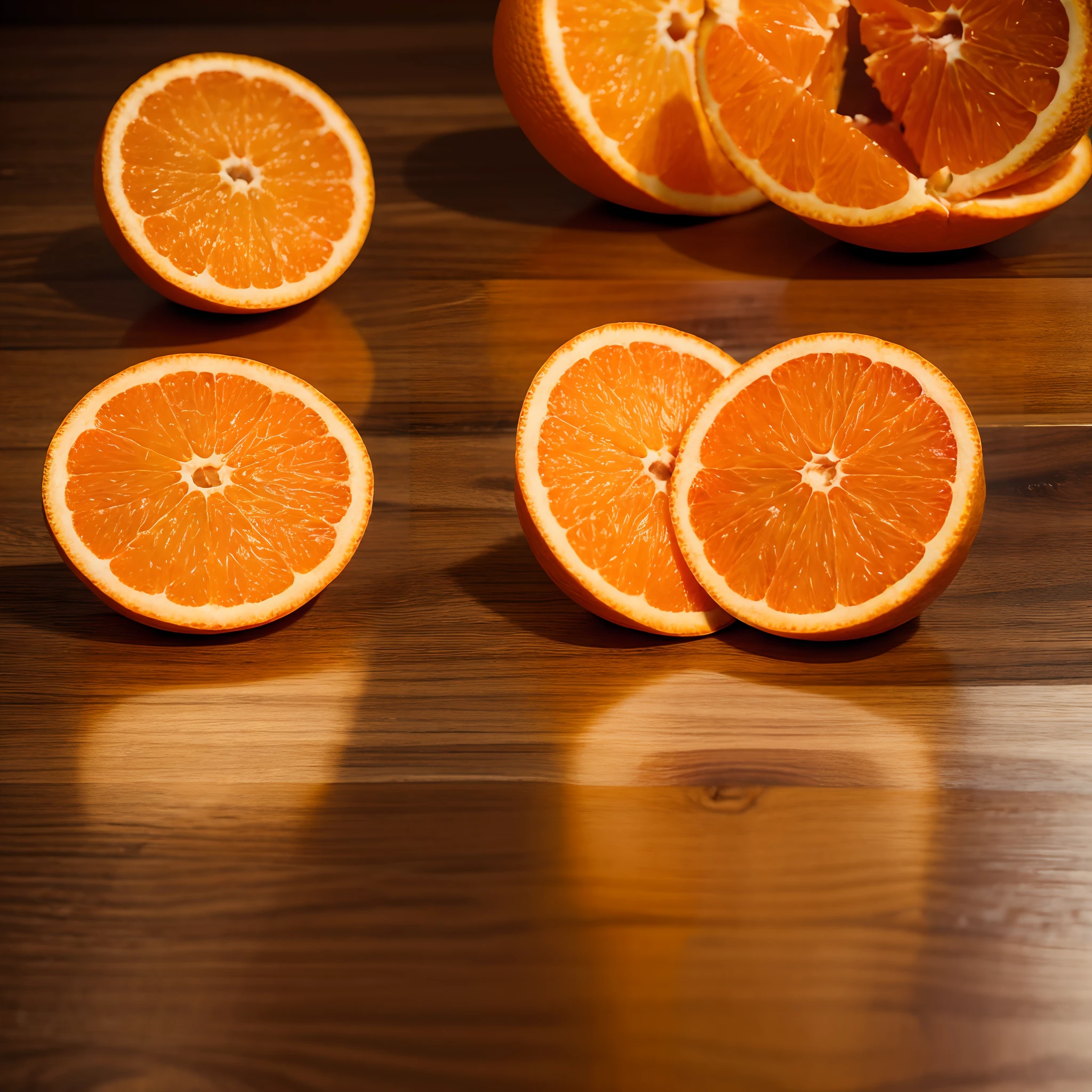 There are multiple oranges in the room,A close-up of the cut in half,hyper realisitc,photography of