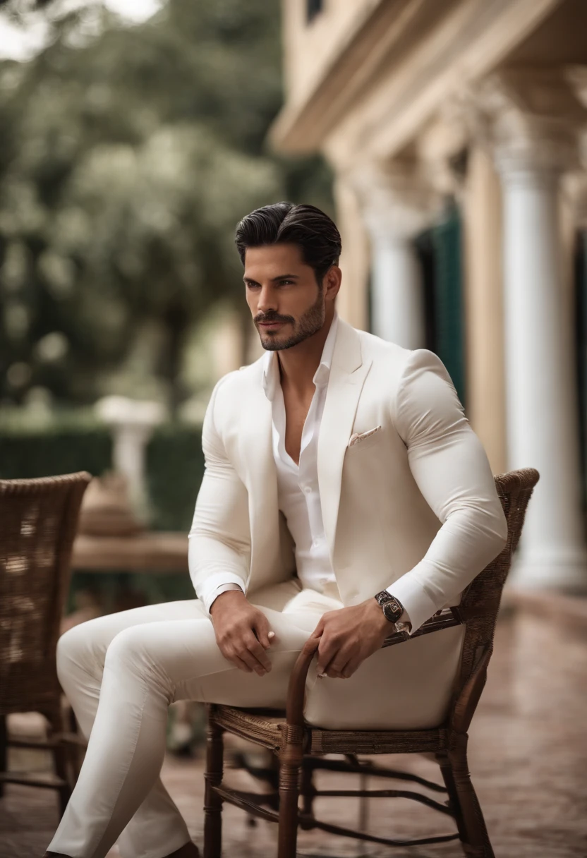 A young man,Handsome,bem musculoso,corpo peludo,meia branca,Ultra-thin pantyhose(Olhos detalhados:1.3),Topless nu,Nudez em todos os lugares,Olhos escuros,massive bulge,Protruding black hair from bulge, Esbian de corpo inteiro,Character sitting in a chair with arms raised, cabelos pretos (cabelo curto e elegante,), nice pose, homem bonito, cara bonita, Pose elegante real, Businessman, (em um blazer listrado), (The surrounding environment is a luxurious and classic living room) (Imagens de tom de areia) ultra realistic, Prince of royalty looking, Old Money Aesthetics, Italian appearance, terno elegante, Rolex, Classic car in the background, Appearance of royalty, vestindo terno branco,, Joe Manganiello face lookalike, Italian luxury mansion in the background, Homem italiano,