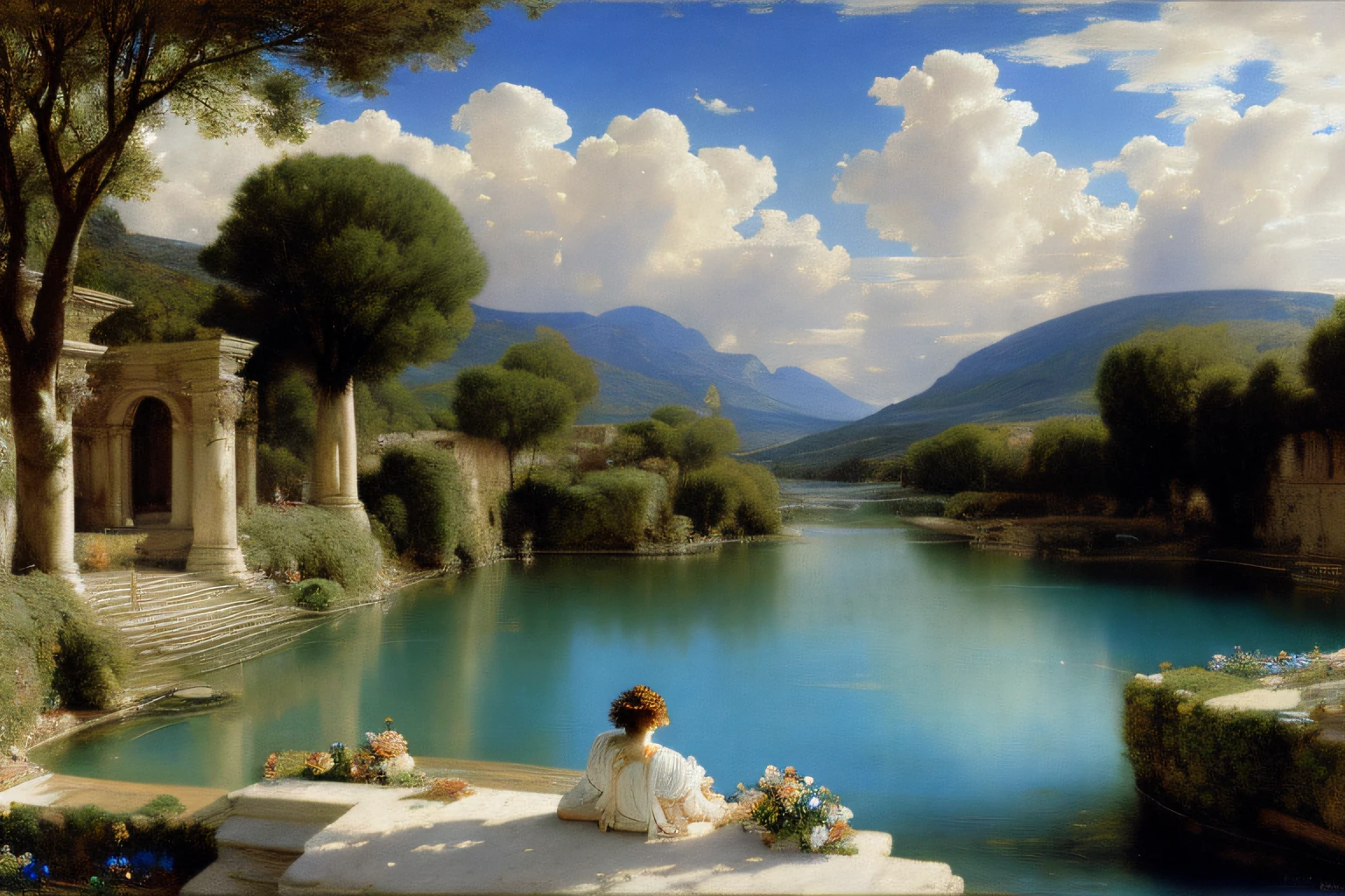 Landscape inside the earth, mer bleu cobalt cristalline bleu profond,glycine,Cascades, Eau cristalline, ciel azur lumineux, ,(Highly detailed CG Unit 8k wallpaper), The most beautiful work of art in the world, Professional majestic oil painting, complexe, High detail, mise au point nette, dramatique, Art of photorealist painting, Alma Tadema