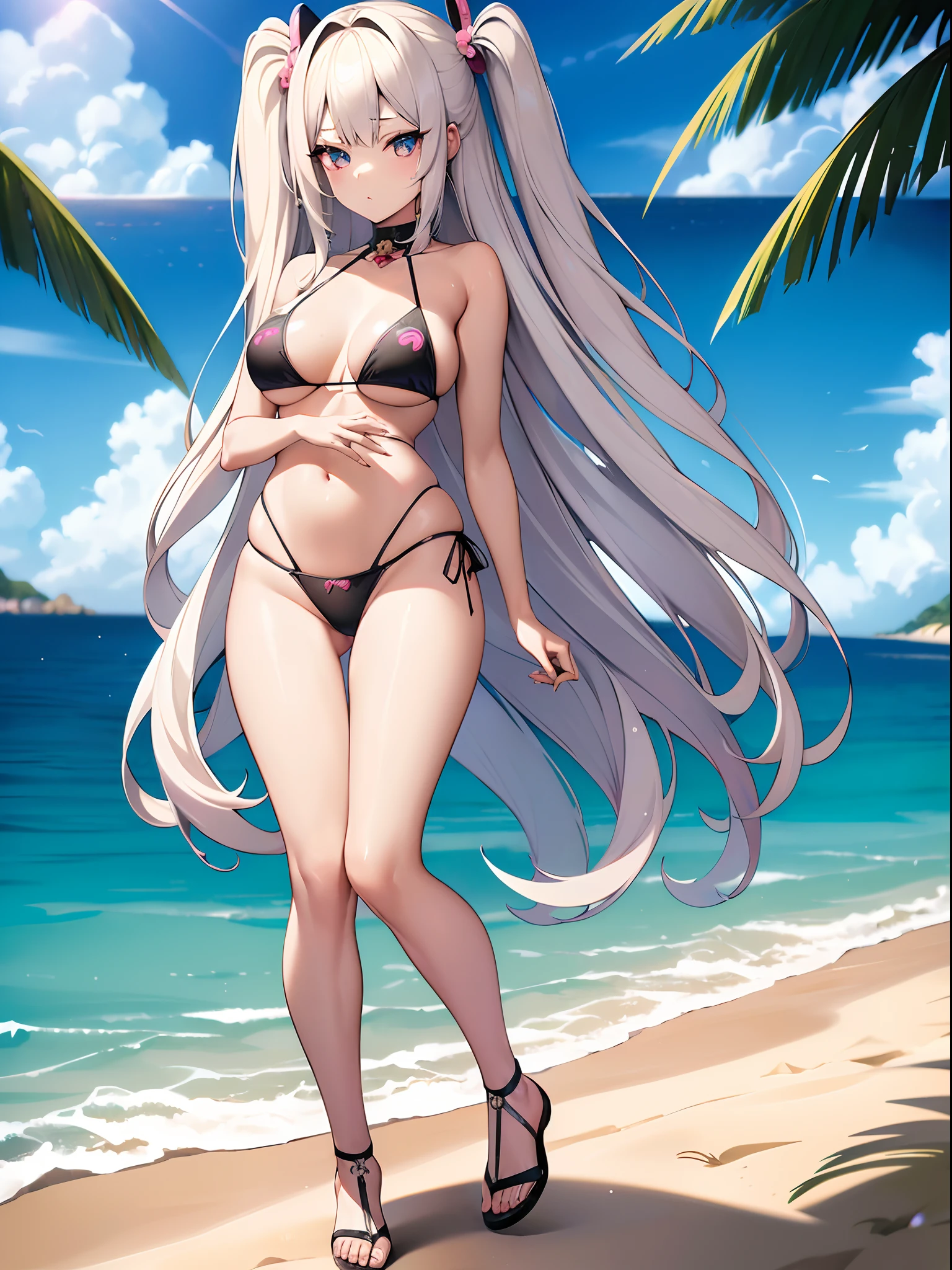 ((Best Quality)), (ultra-detailliert), ((Extremely detailed)), (Beautiful), ((Kawaii Girl)),(two side up hair)、((masutepiece)),Platinum Blonde Hair,Long hair, hair between eye, Wavy Hair, Long sideburns,Jade colored eyes, White skin,Normal Chest,Slender body,side tie bikini bottom、Sandals,in beach,One Woman,Anime