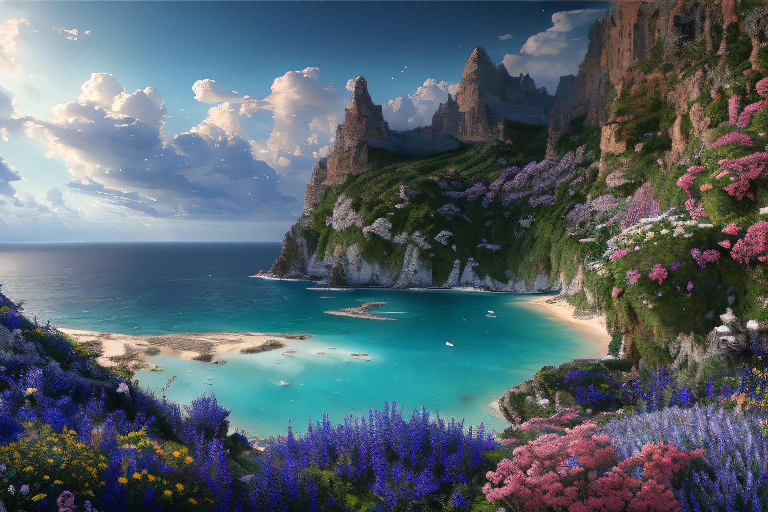 Landscape inside the earth, mer cristalline bleu profond,fleurs, Eau cristalline, ciel azur lumineux, ,(Highly detailed CG Unit 8k wallpaper), The most beautiful work of art in the world, Professional majestic oil painting, complexe, High detail, mise au point nette, dramatique, Art of photorealist painting, Alma Tadema
