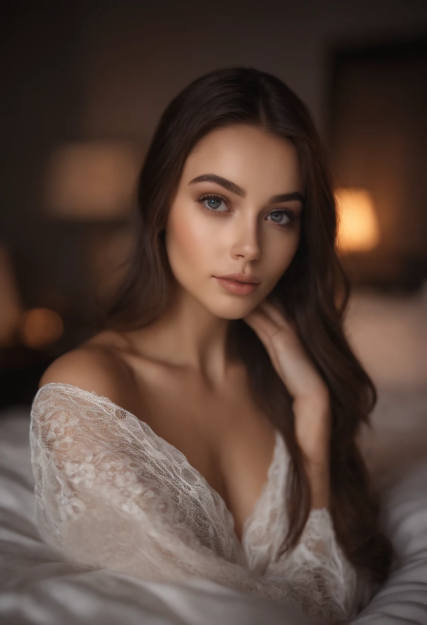 arafed woman fully , sexy girl with brown eyes, ultra realistic, meticulously detailed, portrait sophie mudd, brown hair and large eyes, selfie of a young woman, bedroom eyes, violet myers, without makeup, natural makeup, looking directly at the camera, face with artgram, subtle makeup, stunning full body shot kneeling on bed, in bedroom, medium to large size bust